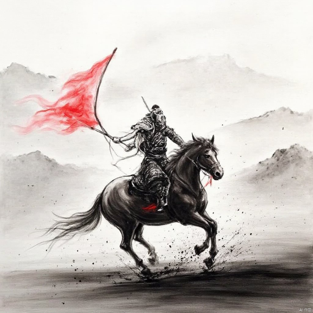 Inspired by a fantasy art style a warrior on a horse holding a red kite is mid-action with a sword and a long staff and a helmet and flowing smoke dark and dramatic mountainous backdrop and splashes of black and white and red flag sense of strength and power and intense and determined expression., ink painting, a painting of a man on a horse with a red flag in the air and mountains in the background, solo, 1boy, holding, monochrome, weapon, greyscale, male focus, japanese clothes, sword, holding weapon, armor, blood, helmet, polearm, spot color, spear, running, riding, horse, horseback riding, letterboxed, mountain