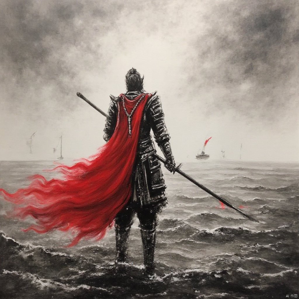 Photograph a warrior in armor stands in a turbulent sea holding a red flag and a sword with a black handle wearing a chain with a pendant dark and ominous mood dark cloudy sky waves and distant ships in the distance and the red flag billowing in the wind., ink painting, a painting of a man with a sword and a red cape standing in the water with a cloudy sky behind him, solo, 1boy, holding, standing, weapon, male focus, from behind, cape, holding weapon, armor, helmet, polearm, spot color, spear, red cape, holding polearm, weapon over shoulder, floating cape, sword, katana