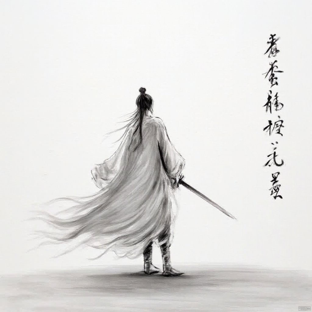 Inspired by traditional Chinese art a figure in traditional attire flowing robes holding a sword and a shield stands alone facing a distant horizon soft lighting ethereal and somber mood black and white tones calligraphy in the background egyption of Chinese characters sense of strength and mystery., ink painting, a drawing of a person with a long hair and a sword in his hand and a chinese writing on the wall, solo, 1boy, hat, holding, standing, monochrome, weapon, greyscale, male focus, boots, sword, grey background, from behind, holding weapon, holding sword, letterboxed, topknot, long sleeves, ponytail, japanese clothes, katana, walking, chinese text, facing away