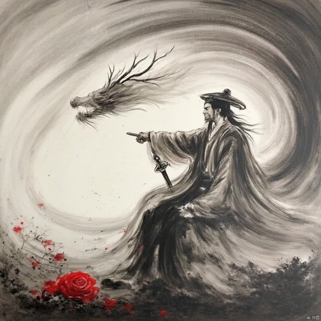 Wuxia traditional Chinese painting style serene figure in traditional attire seated on a rock holding a sword surrounded by a swirling dragon with a red rose in the foreground dark and cloudy background ethereal and mystical atmosphere intricate details flowing robes poised and contemplative expression ancient dynasty-inspired., ink painting, A man points forward with a dragon behind him, solo, long hair, long sleeves, 1boy, hat, monochrome, ponytail, male focus, wide sleeves, from side, chinese clothes, pointing, robe, dragon, antlers, eastern dragon, facial hair, beard, spot color