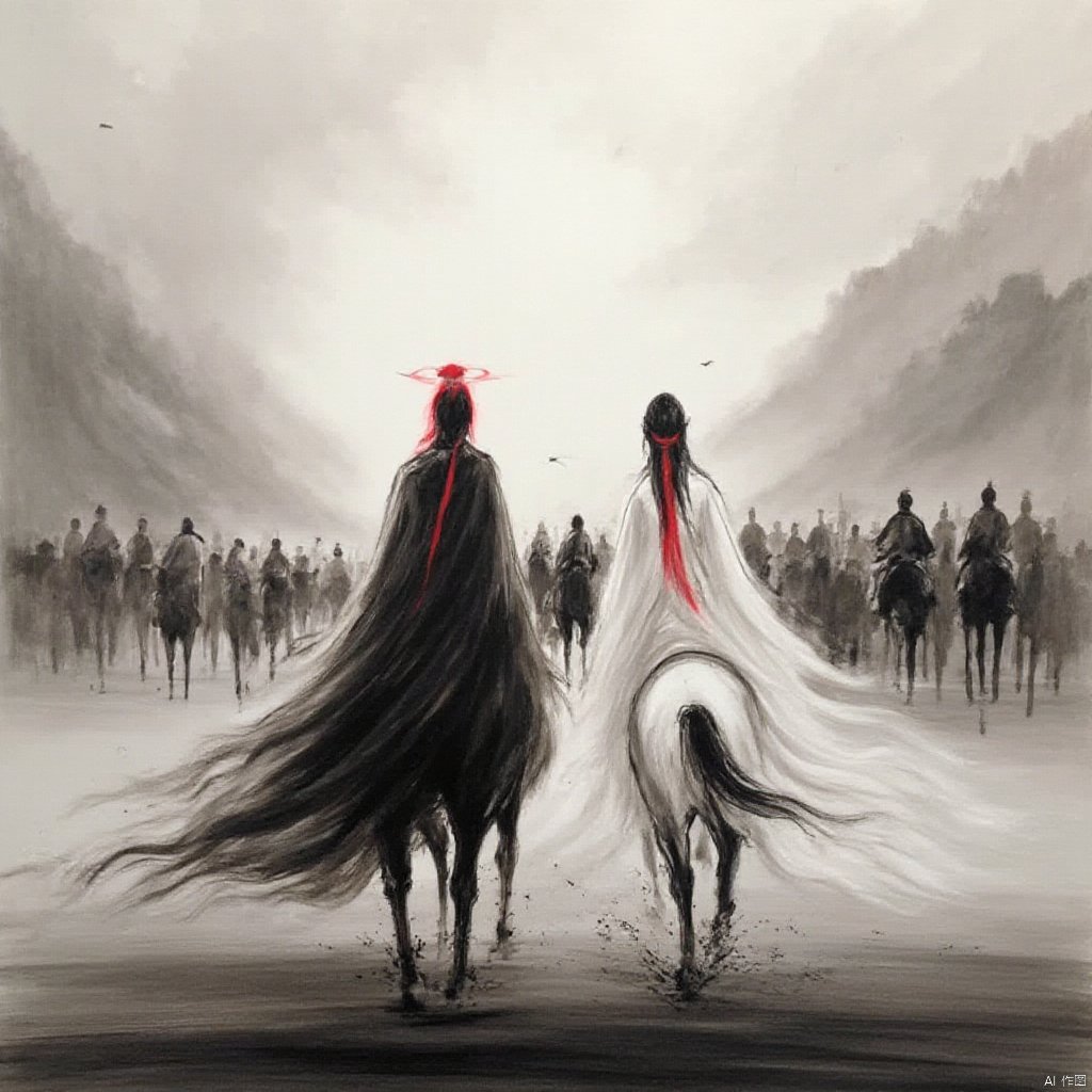 Wuxia a dramatic painting two figures in dark robes one of them is a figure with red hair the other is a woman both of them facing away one in white and one in black standing in a mountainous landscape one on a black horse one with a red scarf dark and moody atmosphere ethereal and mysterious., ink painting, a drawing of a couple riding horses in the desert with a man in a long black dress and a woman in a long white dress, long hair, ocean, halo, spot color, riding, multiple others, horse, horseback riding, holding, weapon, multiple boys, cloud, bird, cloudy sky, letterboxed, cloak, grey sky