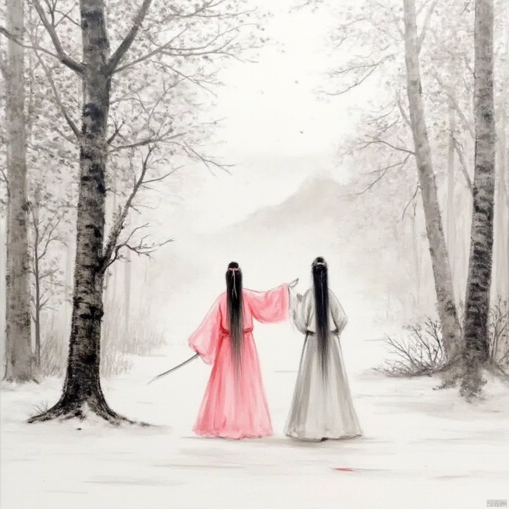 Inspired by traditional Chinese painting two figures in ancient Chinese attire one in white and the other in pink stand in a serene forest one holding a sword one with long black hair one pointing at a tree surrounded by misty mountains soft lighting calm and contemplative mood calligraphy in the background evokes a sense of calm and introspective atmosphere., ink painting, 1girl and 1 man in traditional dress walking in the snow with trees and mountains in the background, with a painting of a woman holding a sword, 1girl, long hair, black hair, long sleeves, 1boy, weapon, japanese clothes, sword, wide sleeves, tree, chinese clothes, letterboxed, hanfu, holding, holding weapon, blood