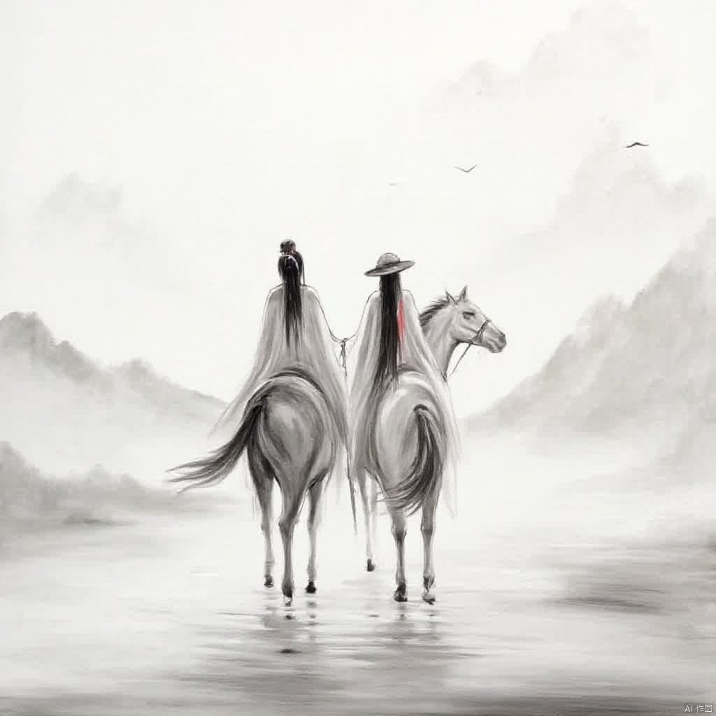 Wuxia a serene figure in traditional Chinese attire seated on a horse holding a staff wearing a red hat and flowing robe surrounded by misty mountains ethereal and mystical atmosphere black and white color palette soft focus calm and contemplative mood full-body shot full back view wide-angle shot slight tilted angle calm water surface., ink painting, a drawing of a woman holding a horse with a man on it's back, 1girl, long hair, 1boy, hat, monochrome, cape, bird, animal, letterboxed, riding, horse, horseback riding, spot color