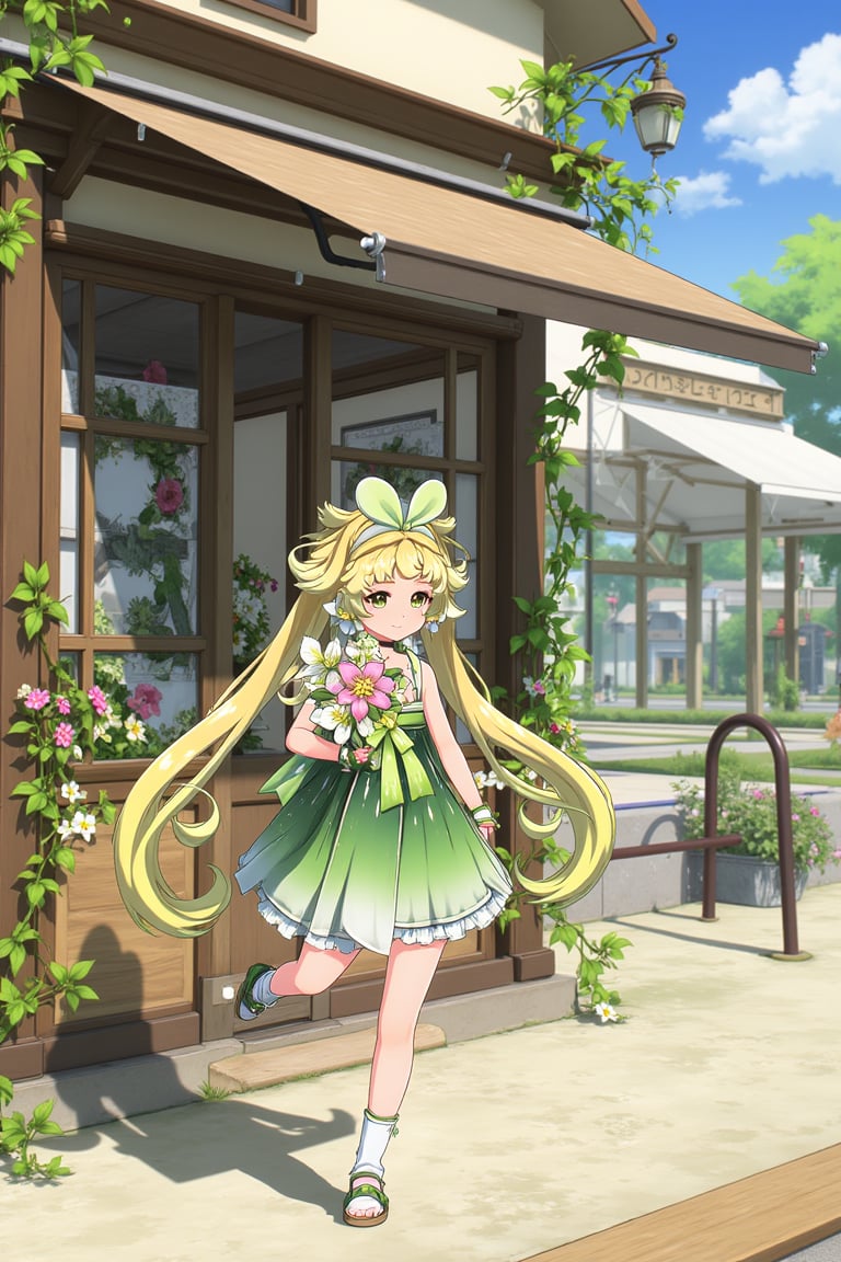 vrnwdf, A young girl with blonde hair and green dress, surrounded by vibrant flowers, stands in front of a quaint flower shop. She holds a bouquet of colorful blooms, her bright smile matching the warmth of the sunlit street. The shop's wooden sign creaks gently in the breeze, while the girl's hair bounces with each step.