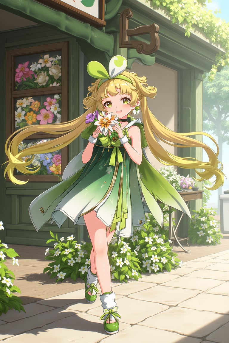 vrnwdf, A young girl with blonde hair and green dress, surrounded by vibrant flowers, stands in front of a quaint flower shop. She holds a bouquet of colorful blooms, her bright smile matching the warmth of the sunlit street. The shop's wooden sign creaks gently in the breeze, while the girl's hair bounces with each step.