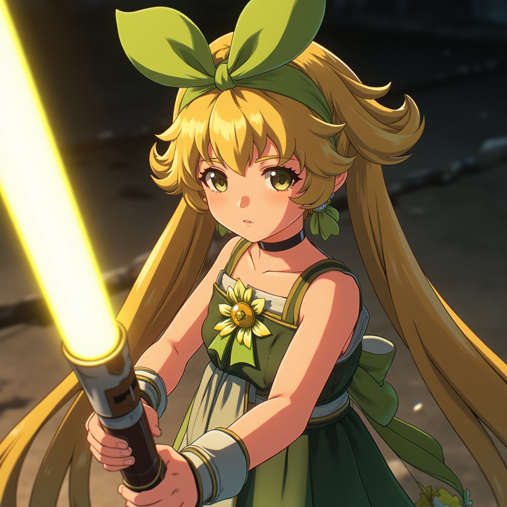 vrnwdf, A cinematic frame captures a striking anime scene: a young girl with long blonde hair, green hair bow, and green dress adorned with flowers, her gaze intense as she grips a gleaming lightsaber. Soft, warm lighting accentuates her determined expression, as if ready to face an intergalactic challenge.