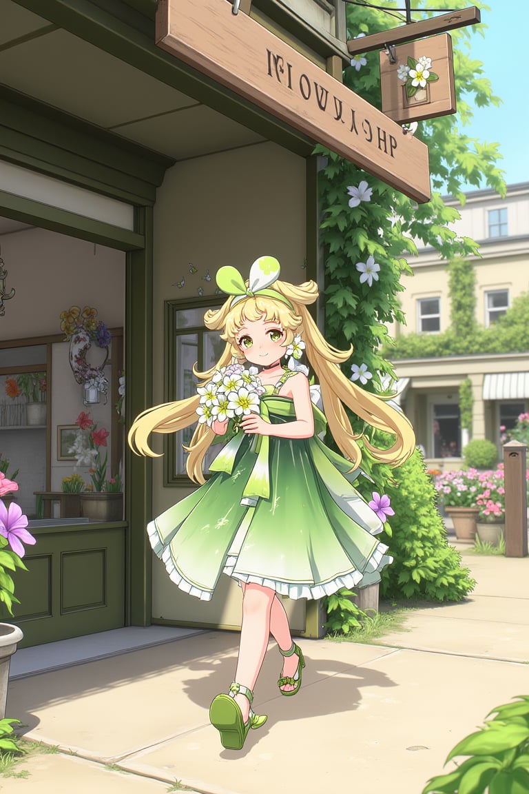 vrnwdf, A young girl with blonde hair and green dress, surrounded by vibrant flowers, stands in front of a quaint flower shop. She holds a bouquet of colorful blooms, her bright smile matching the warmth of the sunlit street. The shop's wooden sign creaks gently in the breeze, while the girl's hair bounces with each step.