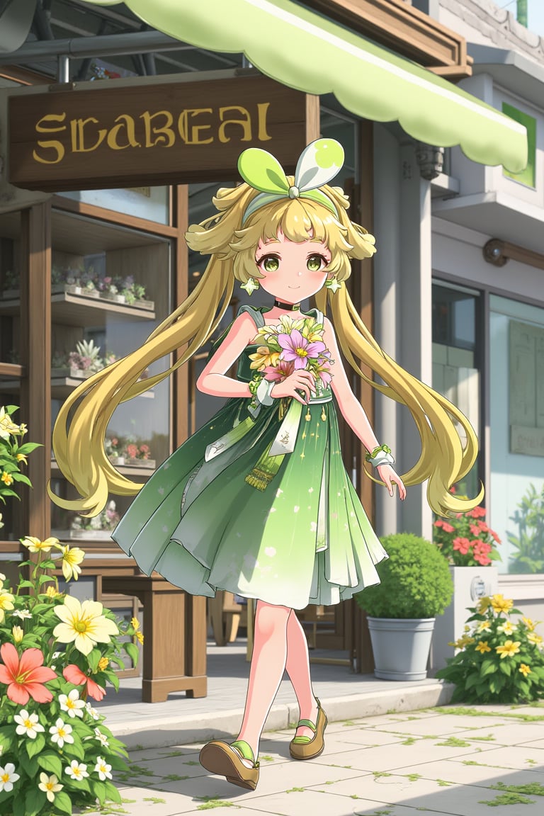 vrnwdf, A young girl with blonde hair and green dress, surrounded by vibrant flowers, stands in front of a quaint flower shop. She holds a bouquet of colorful blooms, her bright smile matching the warmth of the sunlit street. The shop's wooden sign creaks gently in the breeze, while the girl's hair bounces with each step.