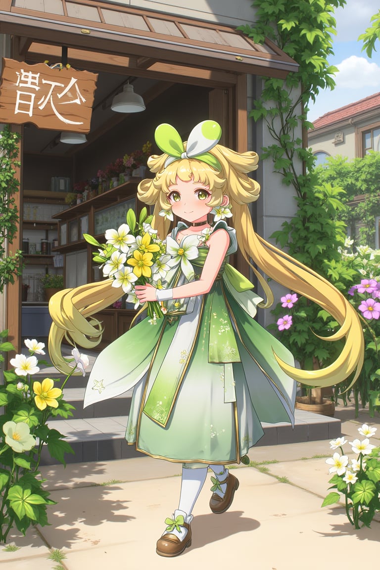 vrnwdf, A young girl with blonde hair and green dress, surrounded by vibrant flowers, stands in front of a quaint flower shop. She holds a bouquet of colorful blooms, her bright smile matching the warmth of the sunlit street. The shop's wooden sign creaks gently in the breeze, while the girl's hair bounces with each step.