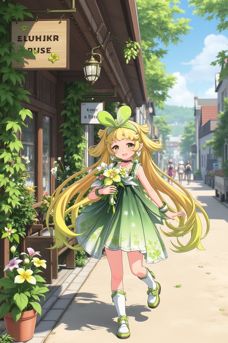 vrnwdf, A young girl with blonde hair and green dress, surrounded by vibrant flowers, stands in front of a quaint flower shop. She holds a bouquet of colorful blooms, her bright smile matching the warmth of the sunlit street. The shop's wooden sign creaks gently in the breeze, while the girl's hair bounces with each step.