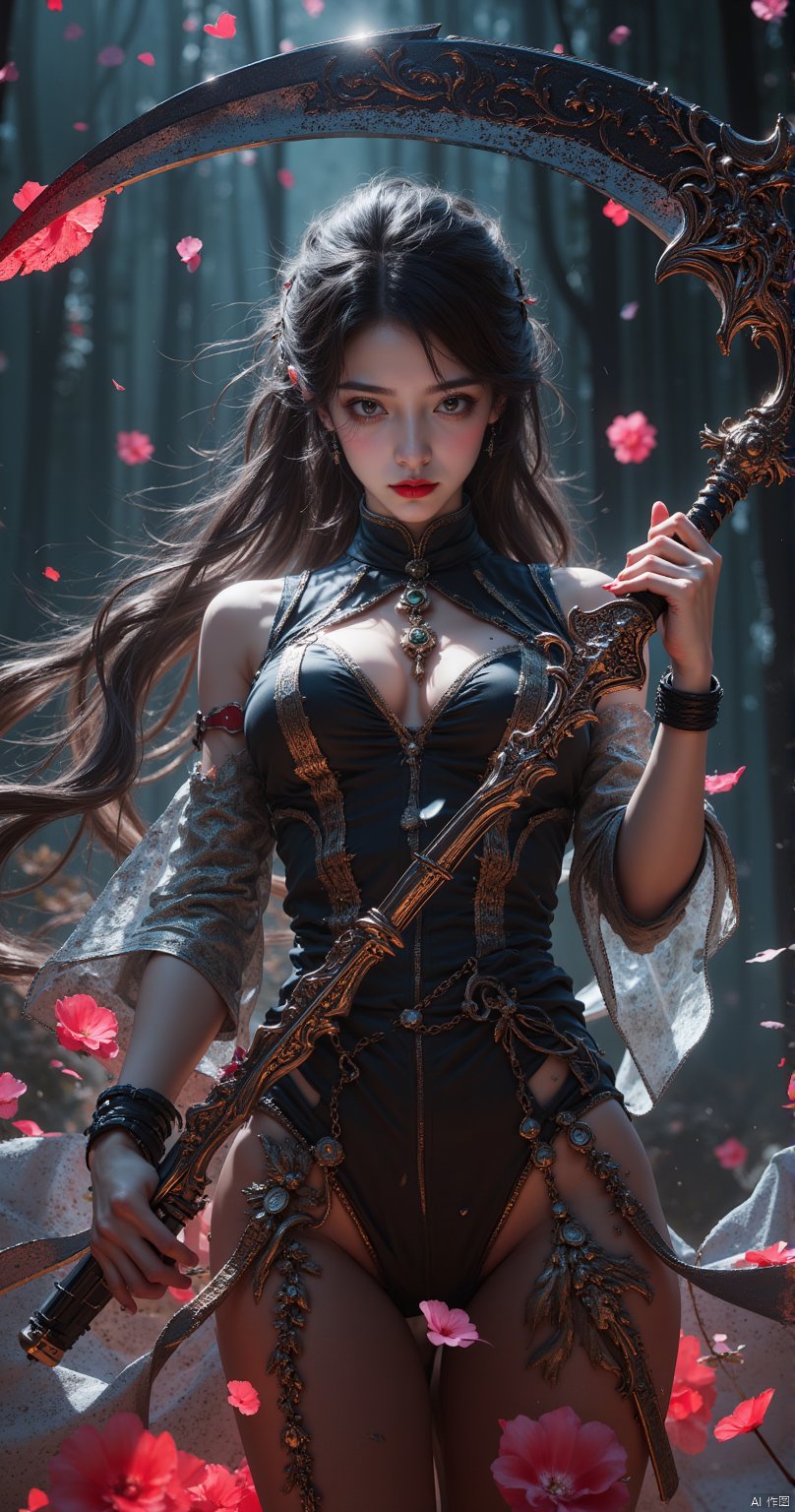  ((masterpiece, highest quality, Highest image quality, High resolution, photorealistic, Raw photo, 8K)), ((Extremely detailed CG unified 8k wallpaper)), (huge stunning goddess shot, very hot and sexy, jaw-dropping beauty, perfect proportions, beautiful body, slim body beauty:1.4), A girl wielding a huge scythe, movie poster, (a huge scythe:1.5), 