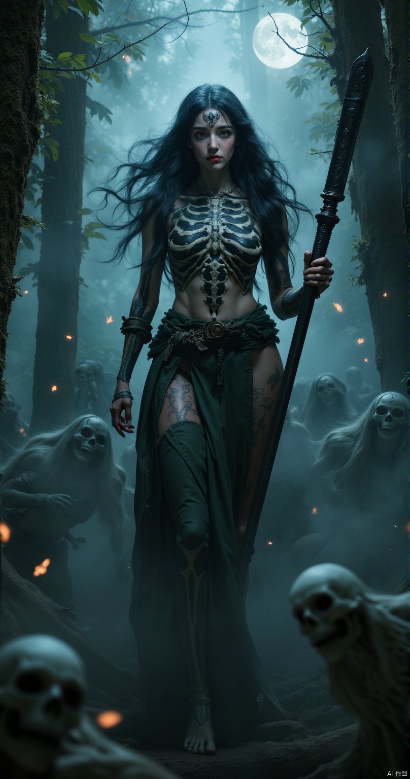 A horror-themed Amazoness warrior, undead and decaying, her tall, muscular frame covered in intricate skeletal makeup and tribal tattoos. She stands in a dark jungle, shrouded in thick fog with light particles from the moonlight creating a ghostly atmosphere. Her fierce expression and flowing hair add to the menacing aura, with ghostly apparitions lurking in the shadows. The ultra-realistic details and dynamic composition enhance the eerie, terrifying scene.