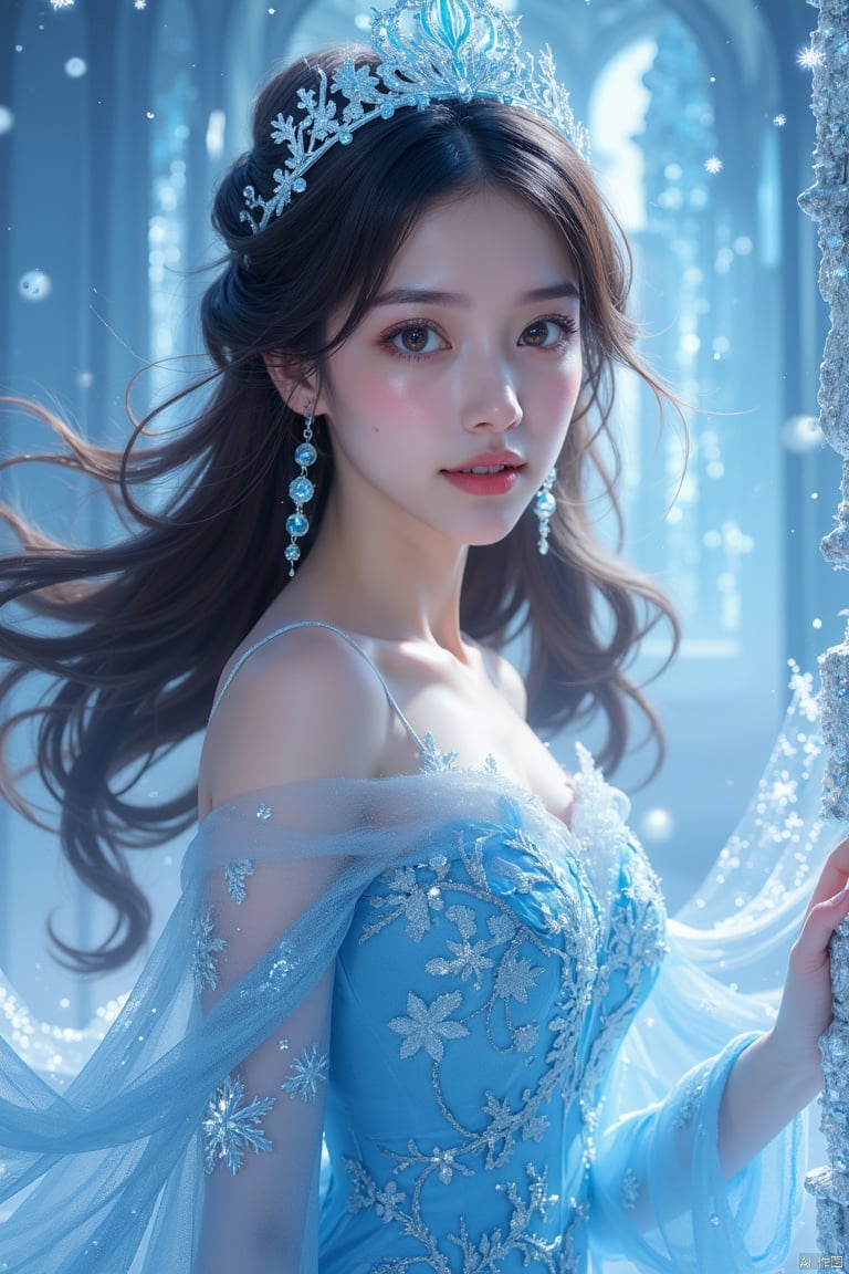 masterpiece, best quality, HD, Delicate texture, Real People,Realistic style,Ice dress, Ice Crown, Fantasy Art,Flowing long hair, Sparkling snowflakes, Ice Palace, Vibrant colors, Movie Lighting,Looking at the camera