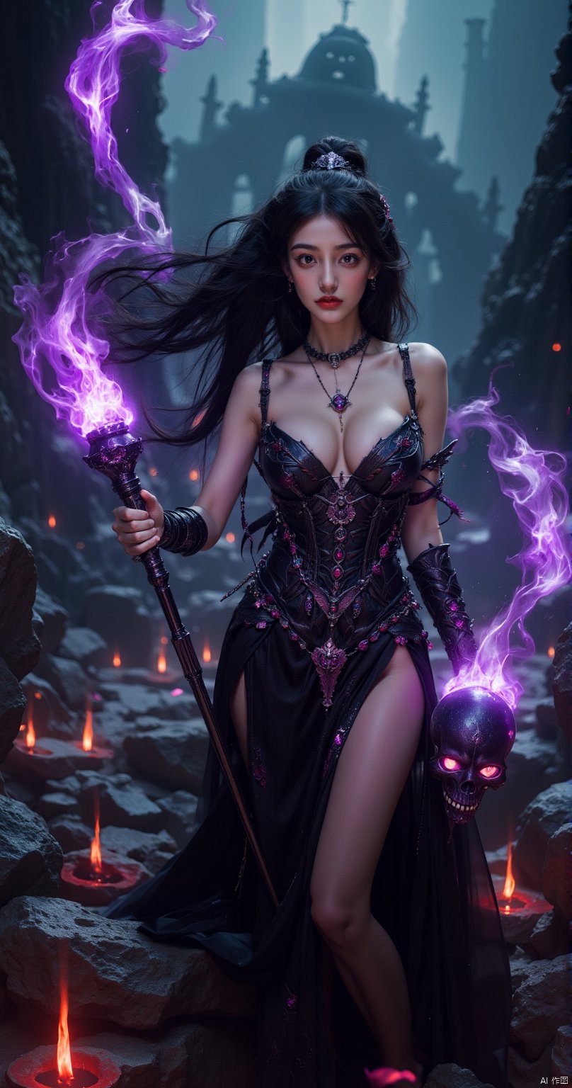 breathtaking cinematic photo  32yo beautiful Woman embodying an evil elven Sorceress ,  menacing and seductive expression,  depicted in a sinister pose, her lithe form clad in a revealing dark purple and black armor with intricate spikes and jagged edges adorned with dark gems and enchanted jewelry. Her long, flowing black hair cascades wildly around her, her eyes glowing with malevolent power. She wields a dark staff topped with a skull and crowned by an ethereal purple flame, surrounded by swirling dark magic. Hyper detailed  captured from a dramatic front view that emphasizes her menacing and seductive presence, photorealistic, dark, moody colors with deep purples blacks and reds, ultra-detailed, sharp focus, intricate details, highly detailed. Background of a dark stormy sky with jagged rocks, swirling mists, eerie arcane symbols faintly glowing on the ground.
 detailmaximizer  mythp0rt . 35mm photograph, film, bokeh, professional, 4k, highly detailed . award-winning, professional, highly detailed