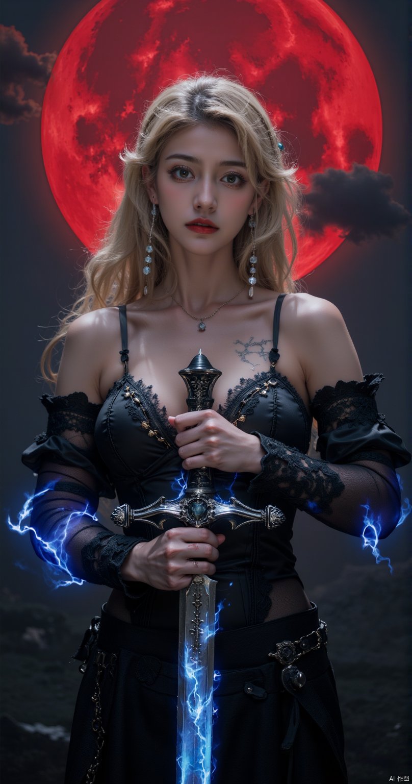 ArsMJStyle, dnddarkestfantasy, portrait of blonde nordic swordswoman, erotic, sensual lace see-through clothing, cleavage, neval piercing, holding a sword by the hilt, sword pulsing with blue electrical energy, red moon, dark clouds, atmospheric, direct gaze, moody, arousing, sensual, steamy, atmospheric, masterpiece, BREAK, highest definition, HD32K, wallpaper, hyperdetailed, concept art