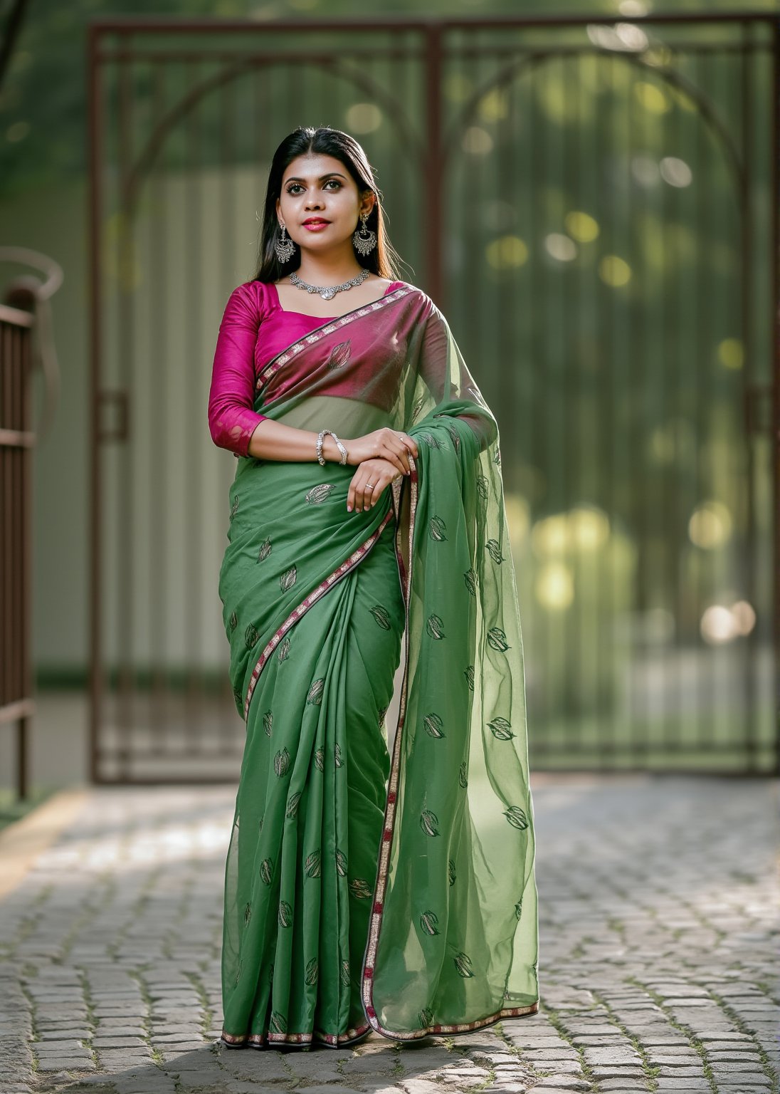 "An Indian woman in a green saree adorned with delicate maroon patterns stands on a cobblestone path. The saree, paired with a vibrant pink blouse, flows elegantly as she poses with poise. Her look is further enhanced by a silver necklace and earrings, adding a touch of sophistication to her appearance. casting a tranquil and serene ambiance around her, highlighting the beauty of her traditional attire."