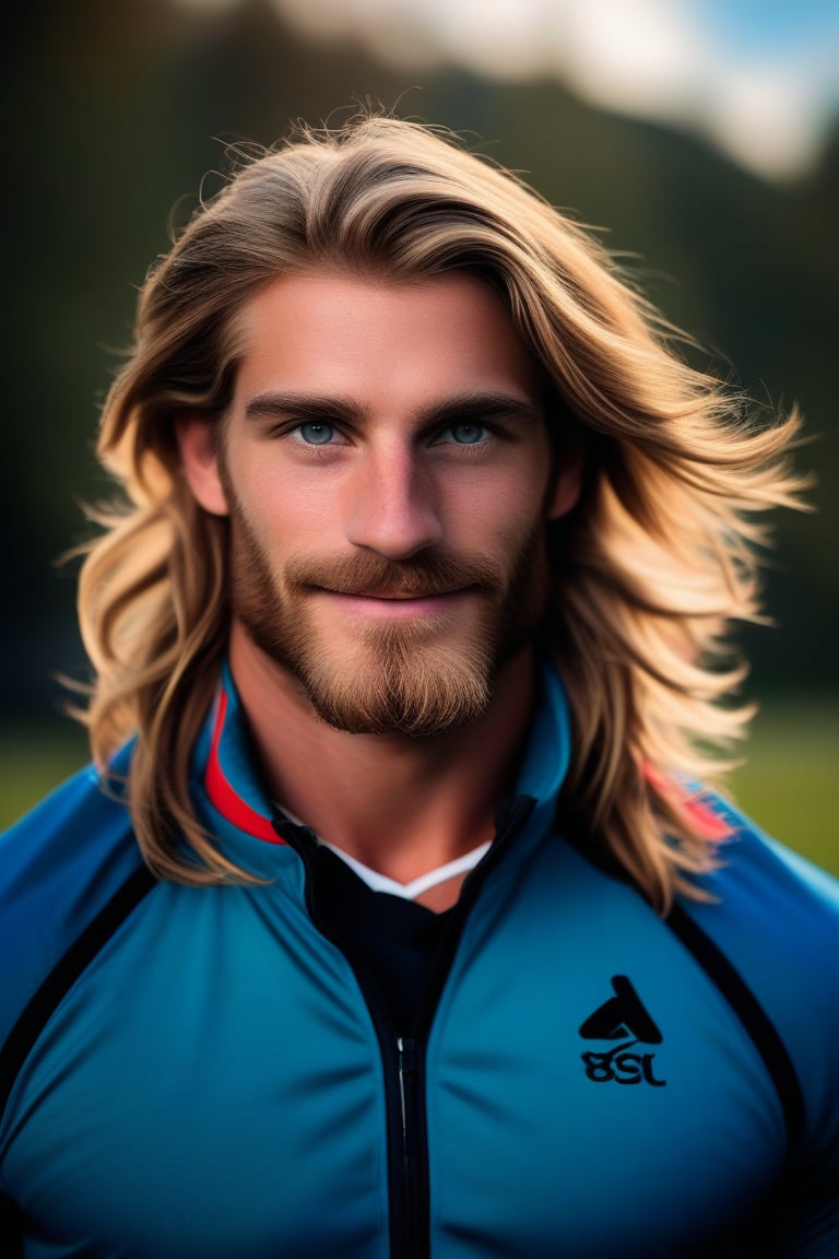 (masterpiece, only realistic, best quality), perfect professional photo of a handsome Welsh man called herin, he has pale-brown messy long hair, beard, wearing sportswear, outdoors, uhd, highres, high-definition, vibrant, matte, colorful, exceptional epic photo portrait, symmetry is excellent,