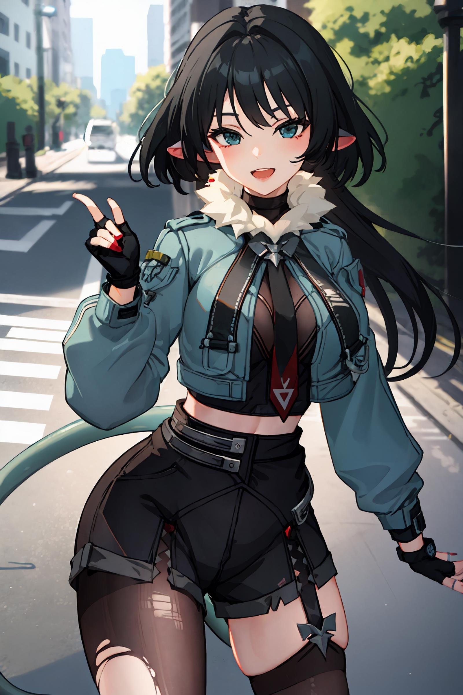 1girl, jane doe \(zenless zone zero\), fingerless gloves, black shorts, tail, cropped jacket, single garter strap, single leg pantyhose, single thighhigh, necktie, long hair, looking at viewer, smiling, open mouth, street, outdoors, depth of field, standing, cowboy shot