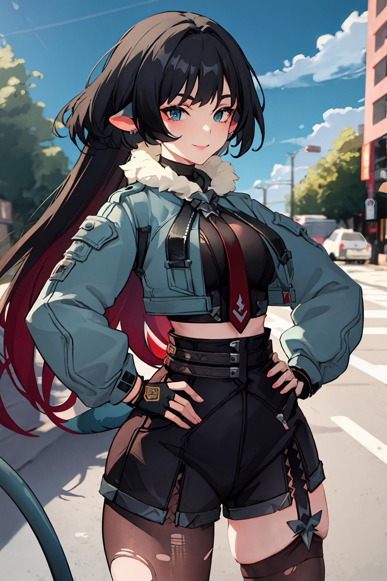 1girl, jane doe \(zenless zone zero\), fingerless gloves, black shorts, tail, cropped jacket, single garter strap, single leg pantyhose, single thighhigh, necktie, long hair, cowboy shot, standing, seductive smile , looking at viewer, hand on hip, outdoors, street