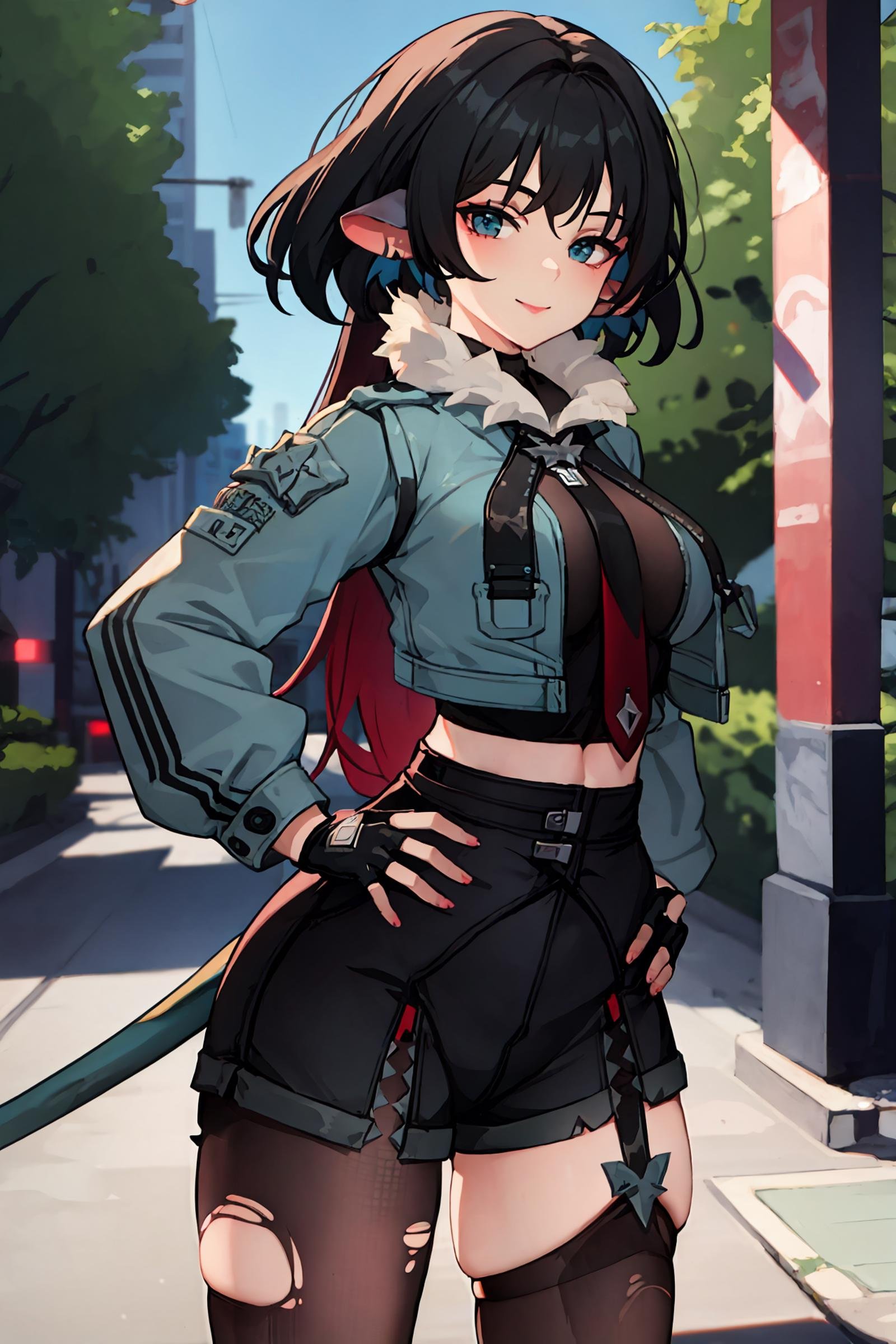 1girl, jane doe \(zenless zone zero\), fingerless gloves, black shorts, tail, cropped jacket, single garter strap, single leg pantyhose, single thighhigh, necktie, long hair, cowboy shot, standing, seductive smile , looking at viewer, hand on hip, outdoors, street