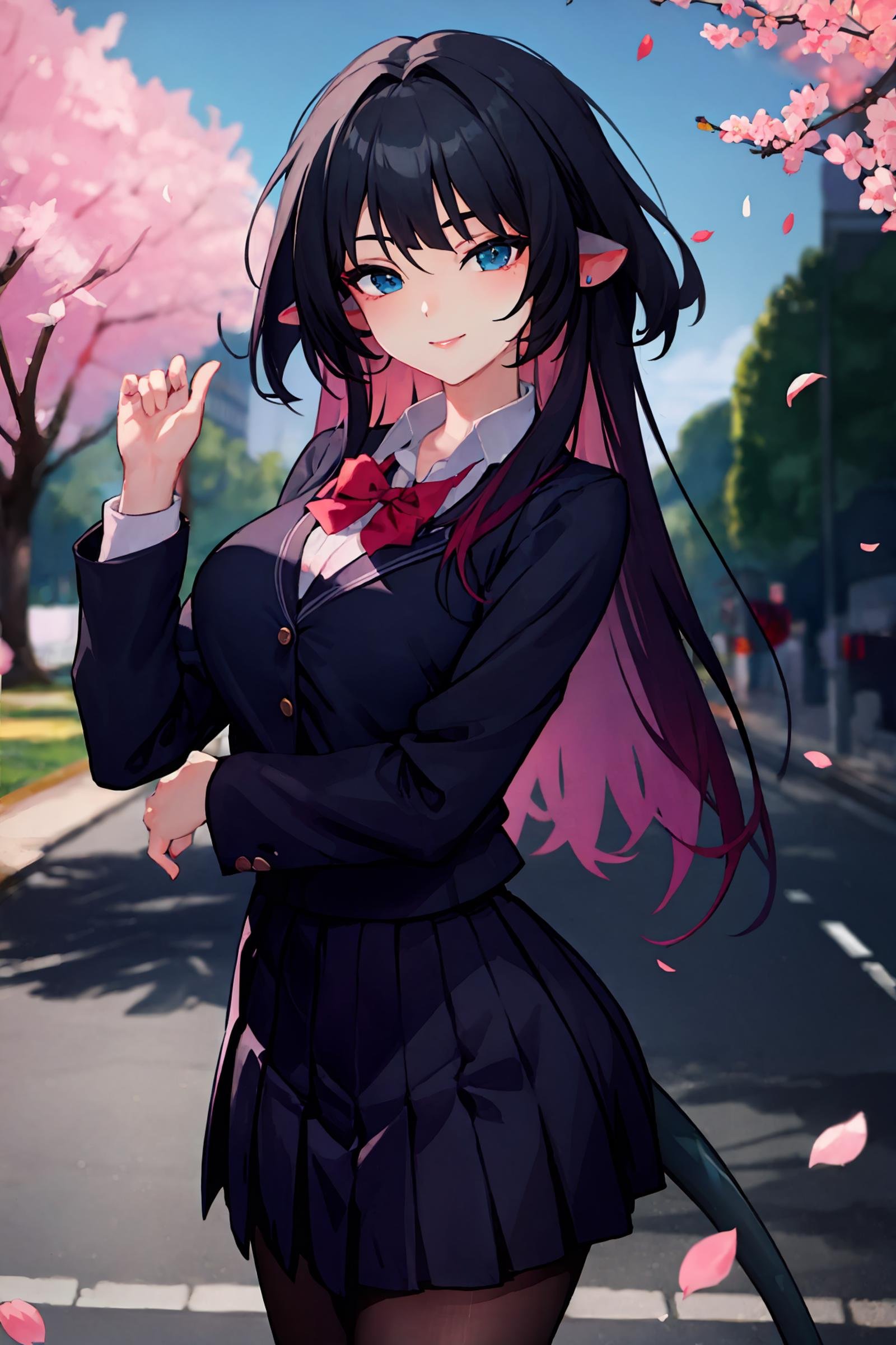 1girl, jane doe \(zenless zone zero\), long hair, solo, school uniform, white shirt, sweater, pleated skirt, pantyhose, outdoors, street, cherry blossoms, petals, depth of field, seductive smile , looking at viewer, tail