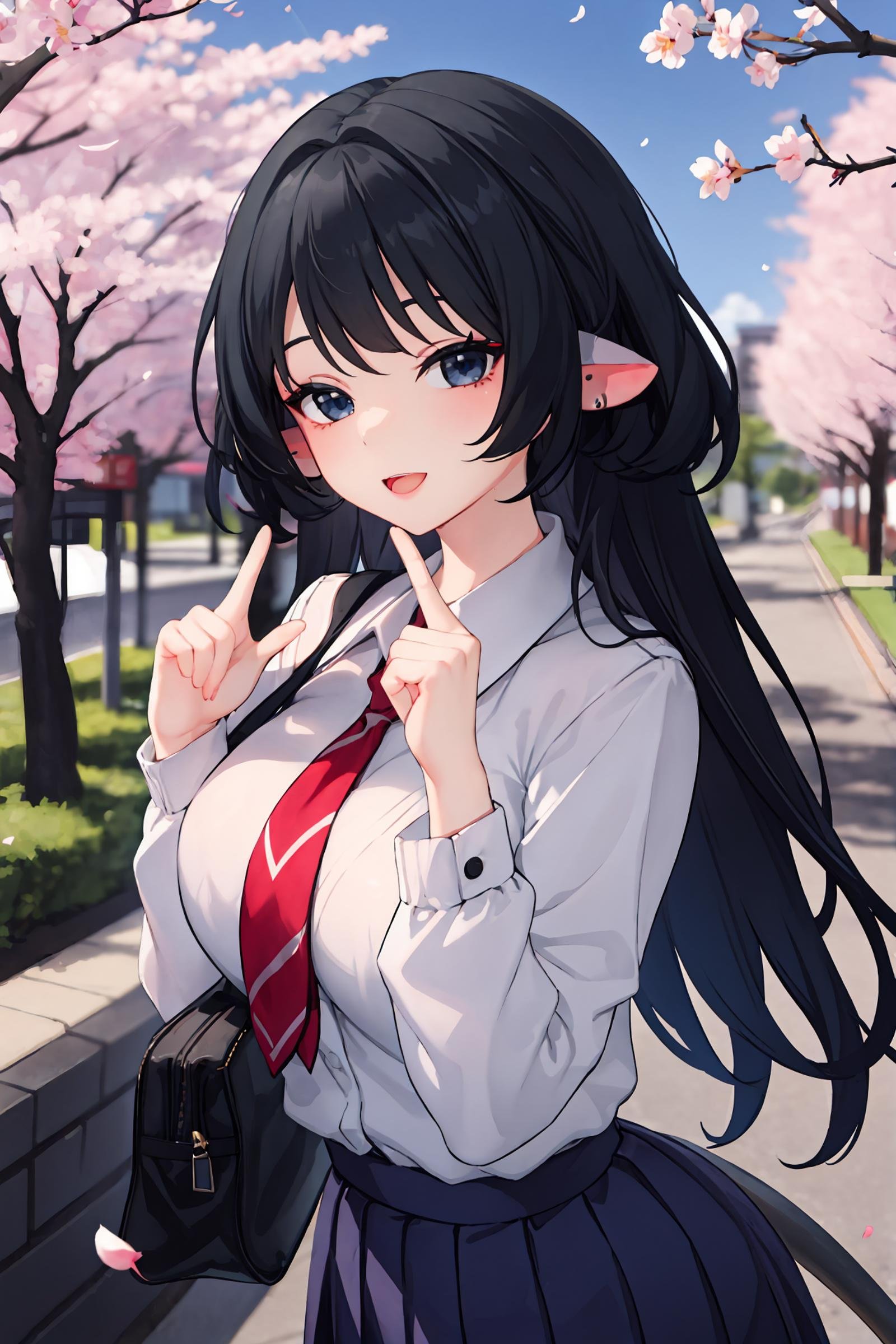 1girl, jane doe \(zenless zone zero\), long hair, solo, school uniform, white shirt, sweater, pleated skirt, pantyhose, smile, open mouth, double v, looking at viewer, smile, open mouth, outdoors, street, cherry blossoms, petals, depth of field, tail