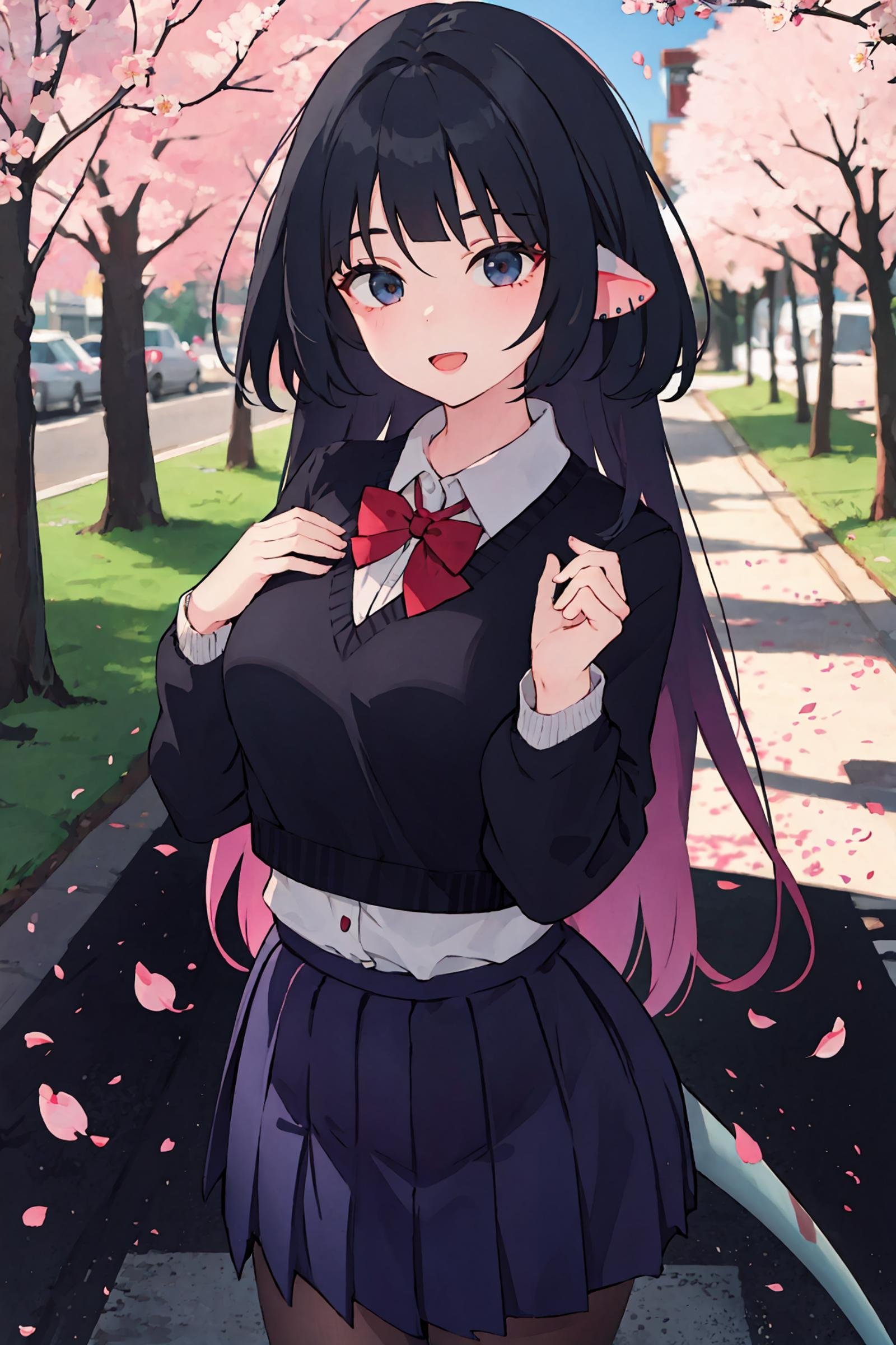 1girl, jane doe \(zenless zone zero\), long hair, solo, school uniform, white shirt, sweater, pleated skirt, pantyhose, smile, open mouth, looking at viewer, outdoors, street, cherry blossoms, petals, depth of field, tail