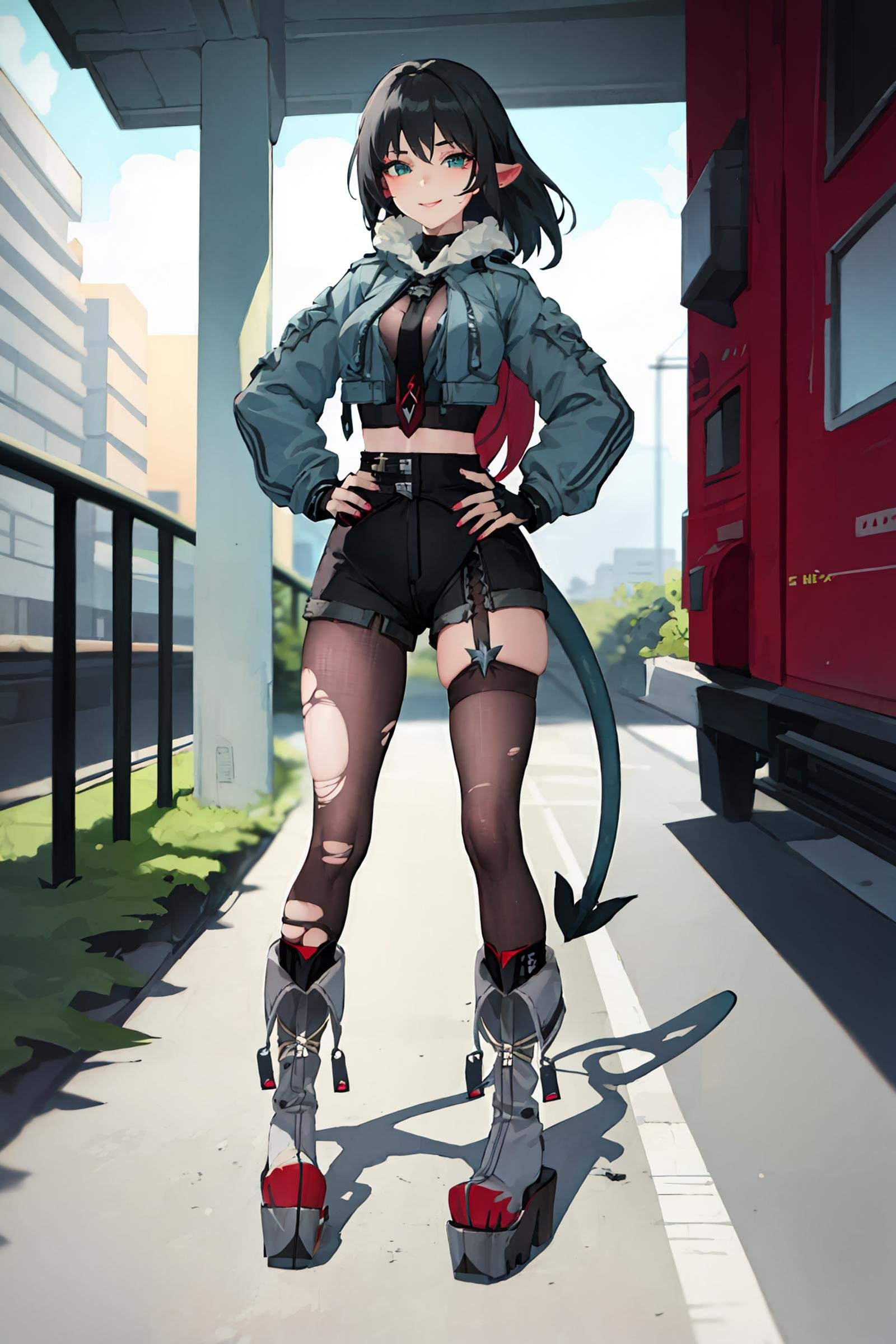 1girl, jane doe \(zenless zone zero\), fingerless gloves, black shorts, tail, cropped jacket, single garter strap, single leg pantyhose, single thighhigh, necktie, long hair, platform boots, full body, standing, seductive smile , looking at viewer, hand on hip, outdoors, street