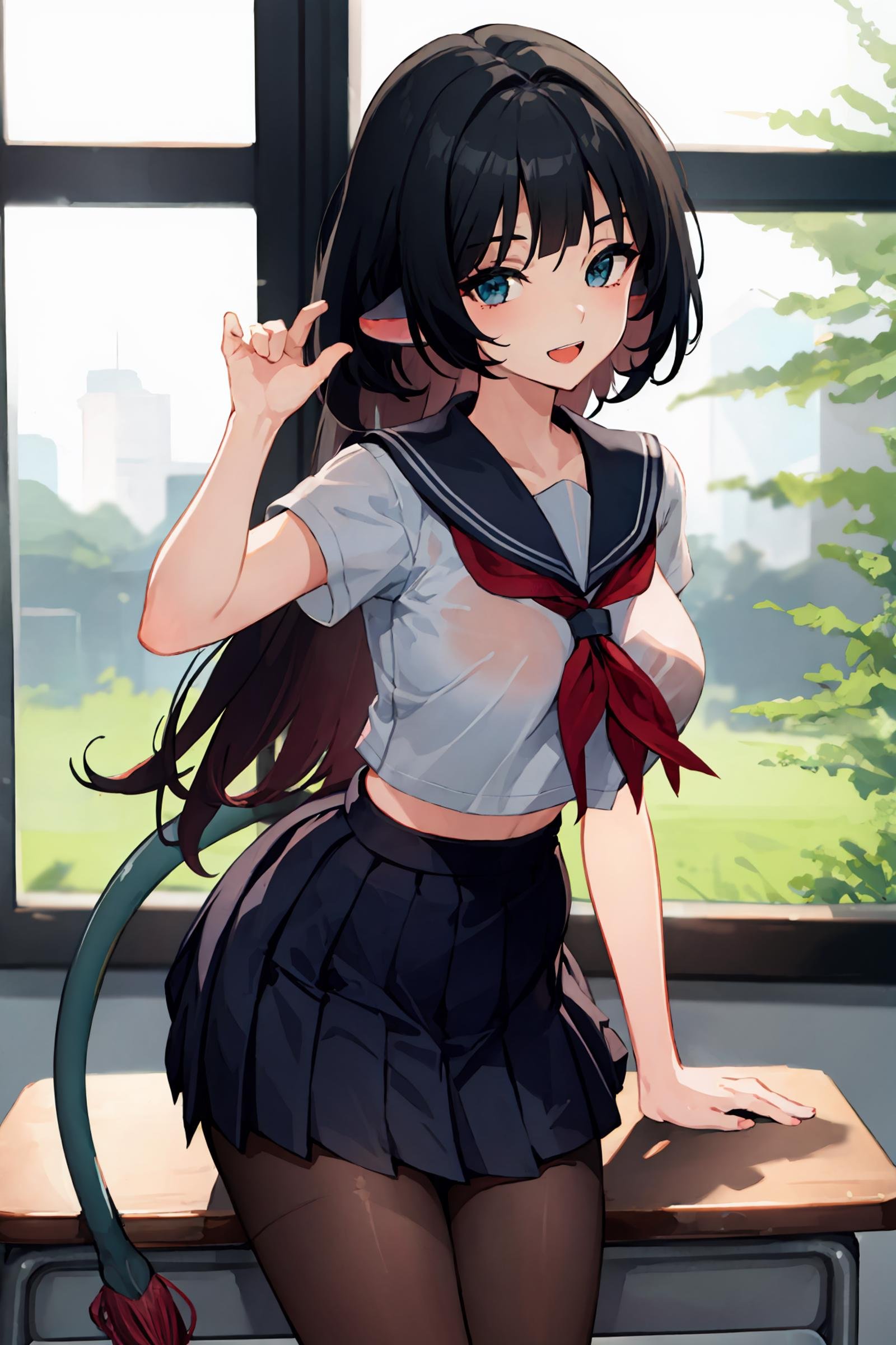 1girl, jane doe \(zenless zone zero\), long hair, solo, serafuku, sailor collar, pleated skirt,  pantyhose, no shoes, looking at viewer, light smile, cowboy shot, smile, open mouth, classroom, indoors, depth of field, tail