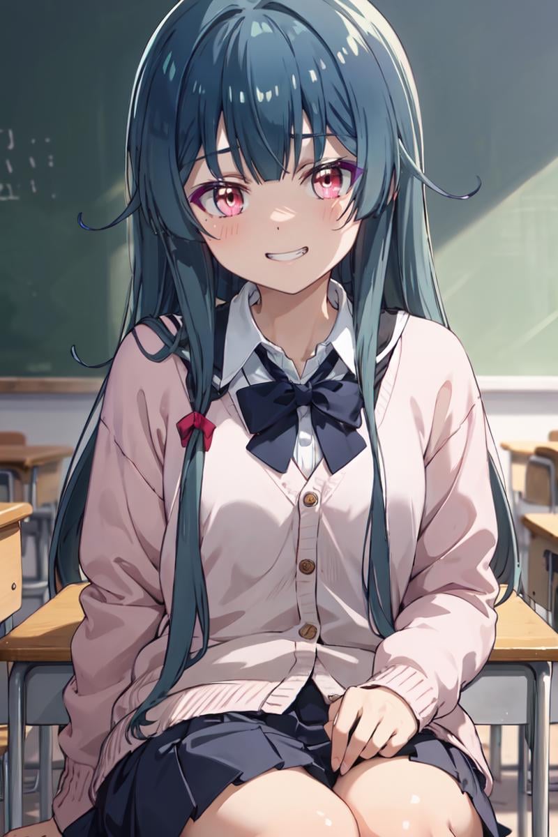 masterpiece, best quality, ultra-detailed, glistening shiny, glowing light, ray tracing, HDR, deph of field, (perfect face, detailed face), <lora:KumaYuna:1>, kumayuna, long hair, sidelocks, small breasts, grin, school uniform, pink cardigan, sitting, classroom