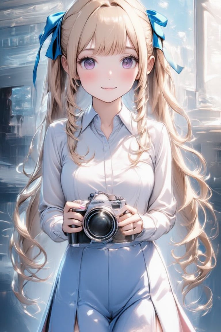 1girl, solo, long hair, looking at viewer, blush, smile, bangs, skirt, blonde hair, shirt, long sleeves, bow, holding, closed mouth, standing, purple eyes, white shirt, upper body, hair bow, pleated skirt, outdoors, nail polish, blue skirt, hands up, blue bow, pink nails, camera, holding camera