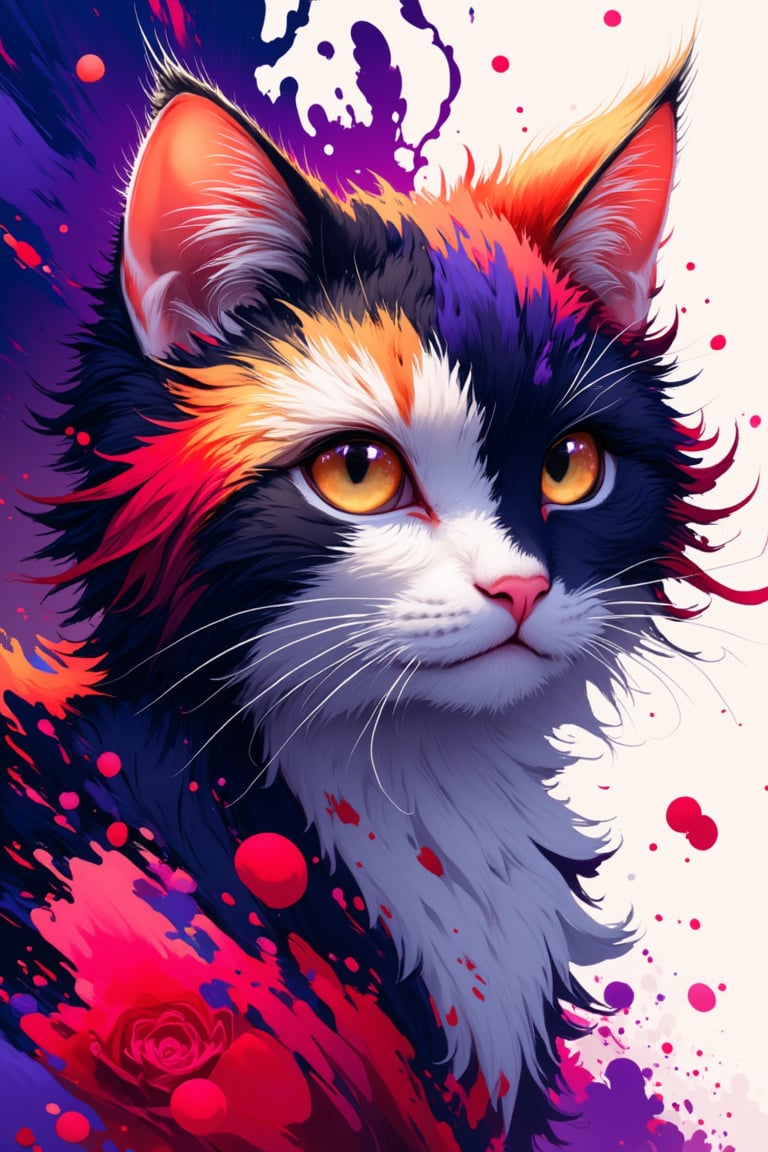 a cat, anime style, colorful ink brushstrokes in background, looking at viewer, ink bubbles, stunning image, ink everywhere, digital art, professional style, ((masterpiece quality: 2)), ink droplets, attractive image.,Ink art style