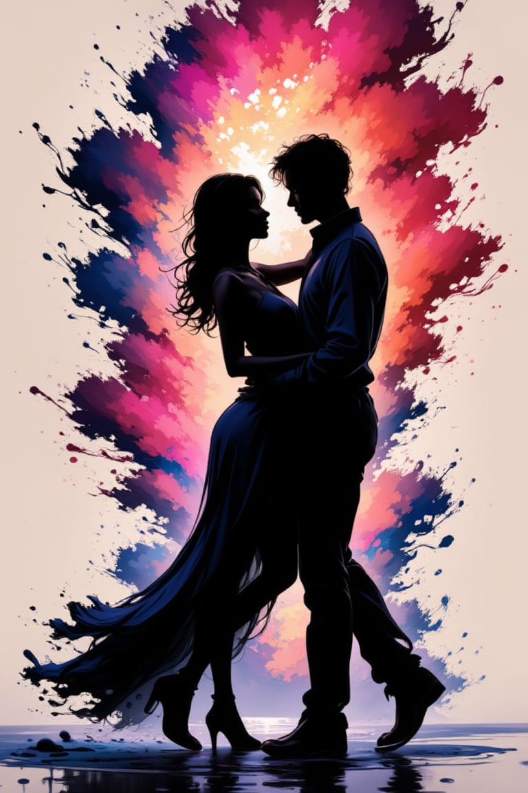 1girl, 1boy, couple, silhouette, ink brushstrokes in background, looking at viewer, dancing pose, ink rain, stunning image, ink smoke, digital art, professional style, ((masterpiece quality: 2)), ink droplets, attractive image, Ink art style