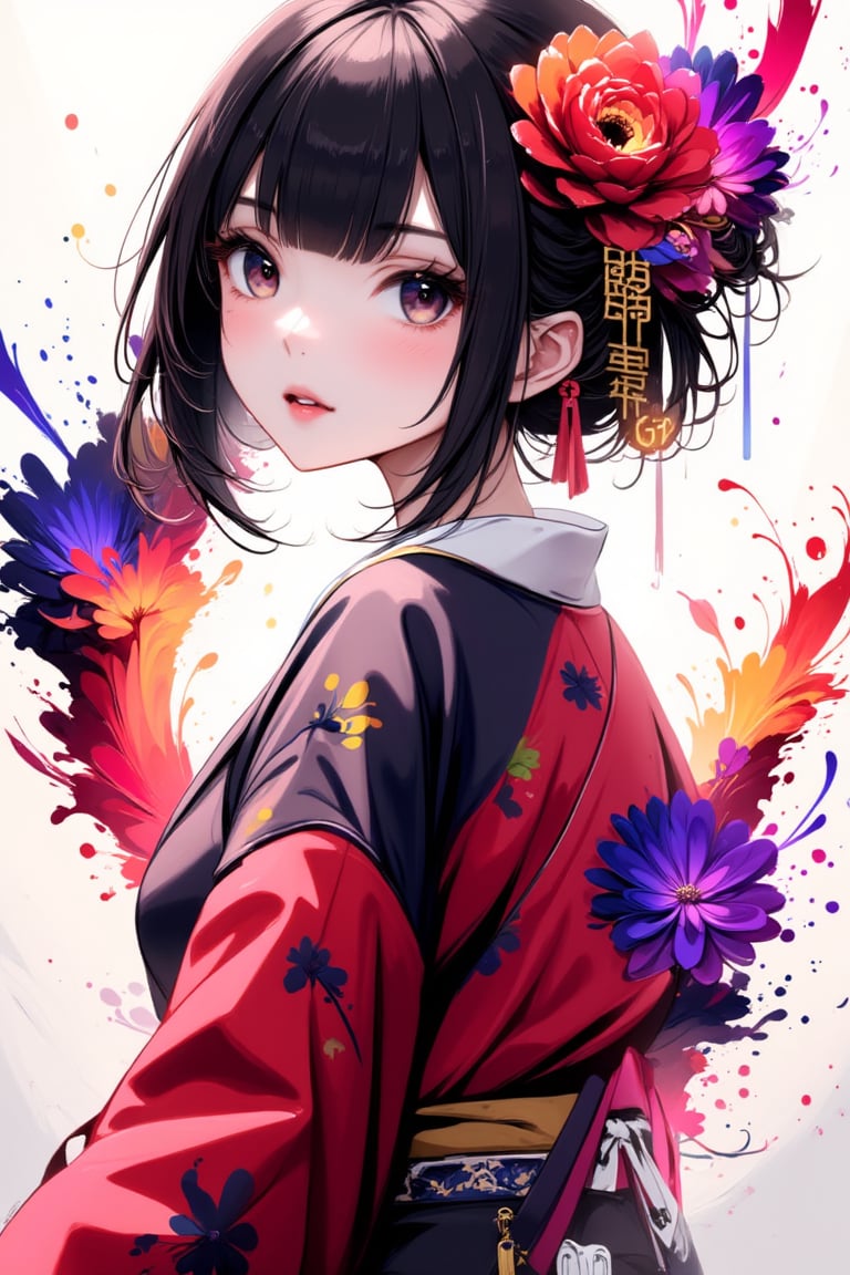 1girl, anime girl, solo, looking at viewer, colorful ink in background, ((colorful ink splash: 2)), ink everyehere, black hair, hair ornament, upper body, flower, japanese clothes, hair flower, kimono, black eyes, from side, sash, makeup, obi, lipstick, pale skin, eyeshadow, red lips, hair stick, red kimono, kanzashi, ((masterpiece: 2)), stunning image, Ink art style