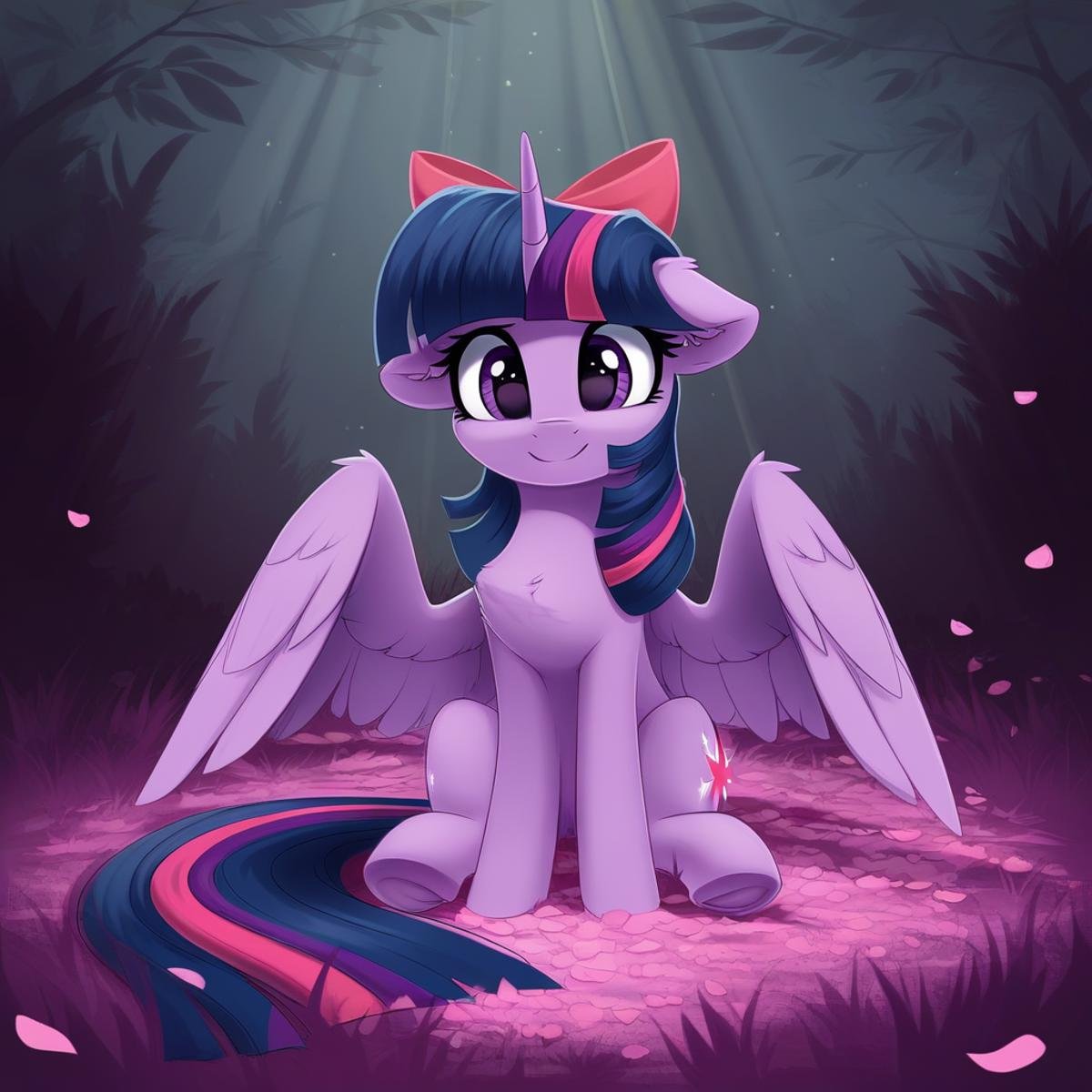 score_9, score_8_up, score_7_up, score_6_up, score_5_up, score_4_up, rating_safe, twilight sparkle, alicorn, female, mare, pony, solo, bow, c:, chest fluff, crepuscular rays, cute, daaaaaaaaaaaw, dark, floppy ears, fluffy, g4, grass, hair bow, high res, hnnng, horn, nature, night, reflection, sitting, wings, eye reflection, ear fluff, cross-eyed, petals, twiabetes, underhoof, sweet dreams fuel, insect on nose, weapons-grade cute, looking at something, smiling, spread wings, wing fluff, leg fluff, twilight sparkle \(alicorn\), <lora:Wholesome_MLP-v1.7:1>