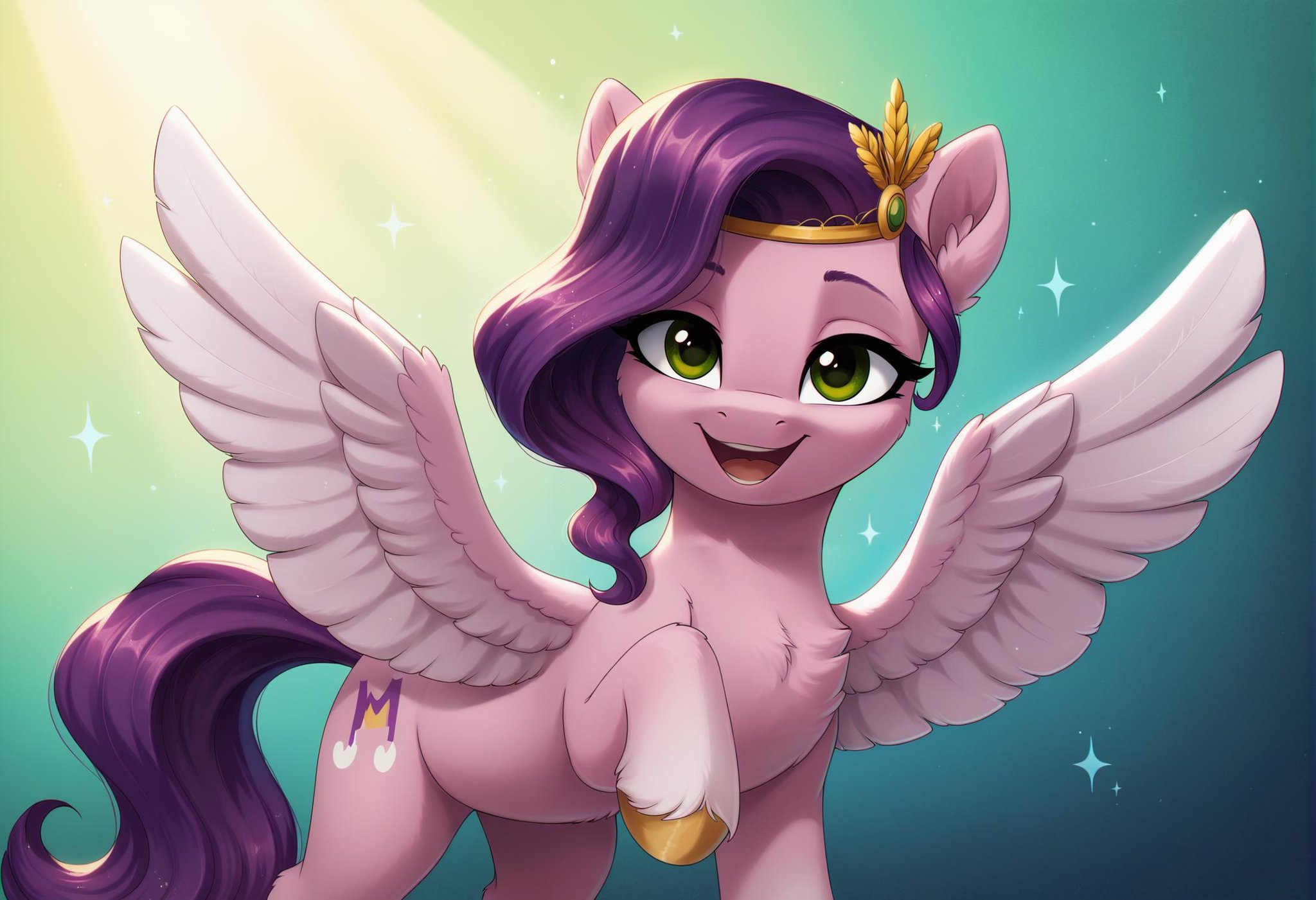 score_9, score_8_up, score_7_up, score_6_up, score_5_up, score_4_up, rating_safe, pipp petals, female, mare, pegasus, pony, solo, chest fluff, cute, dark, fluffy, high res, looking at you, open mouth, sparkles, spotlight, unshorn fetlocks, wings, ear fluff, no pupils, gradient background, chromatic aberration, lidded eyes, smiling, spread wings, cheek fluff, green background, smiling at you, wing fluff, leg fluff, hoof fluff, adorapipp, detailed, beautiful, detailed background, <lora:Wholesome_MLP-v1.7:1>