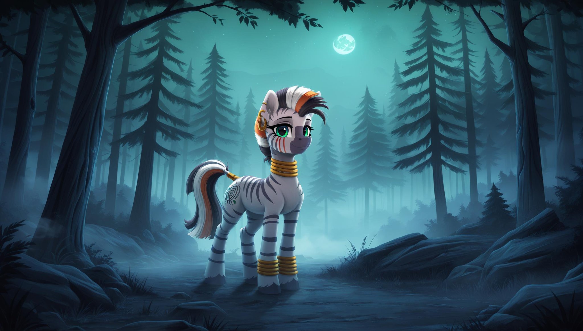 score_9, score_8_up, score_7_up, score_6_up, score_5_up, score_4_up, rating_safe, pony, solo, zebra, earring, everfree forest, face paint, fog, forest, high res, house, jewelry, looking at you, magic, multicolored hair, night, oc, piercing, scenery, stripes, tree, ear piercing, oc only, neck rings, 4k, zebra magic, zebra oc, oc:addae, detailed, beautiful, detailed background, <lora:Wholesome_MLP-v1.7:1>