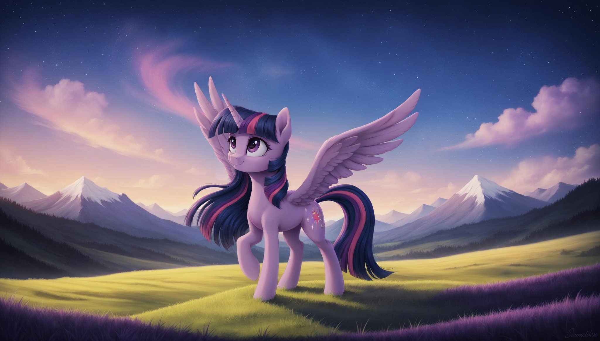 score_9, score_8_up, score_7_up, score_6_up, score_5_up, score_4_up, rating_safe, twilight sparkle, alicorn, female, mare, pony, solo, beautiful, cloud, cute, g4, grass, hill, horn, long mane, mountain, night, outdoors, raised hoof, scenery, sky, starry night, stars, wallpaper, wings, bangs, looking up, scenery porn, looking away, twiabetes, twilight \(astronomy\), smiling, spread wings, starry sky, art, twilight sparkle \(alicorn\), detailed, beautiful, detailed background, <lora:Wholesome_MLP-v1.7:1>