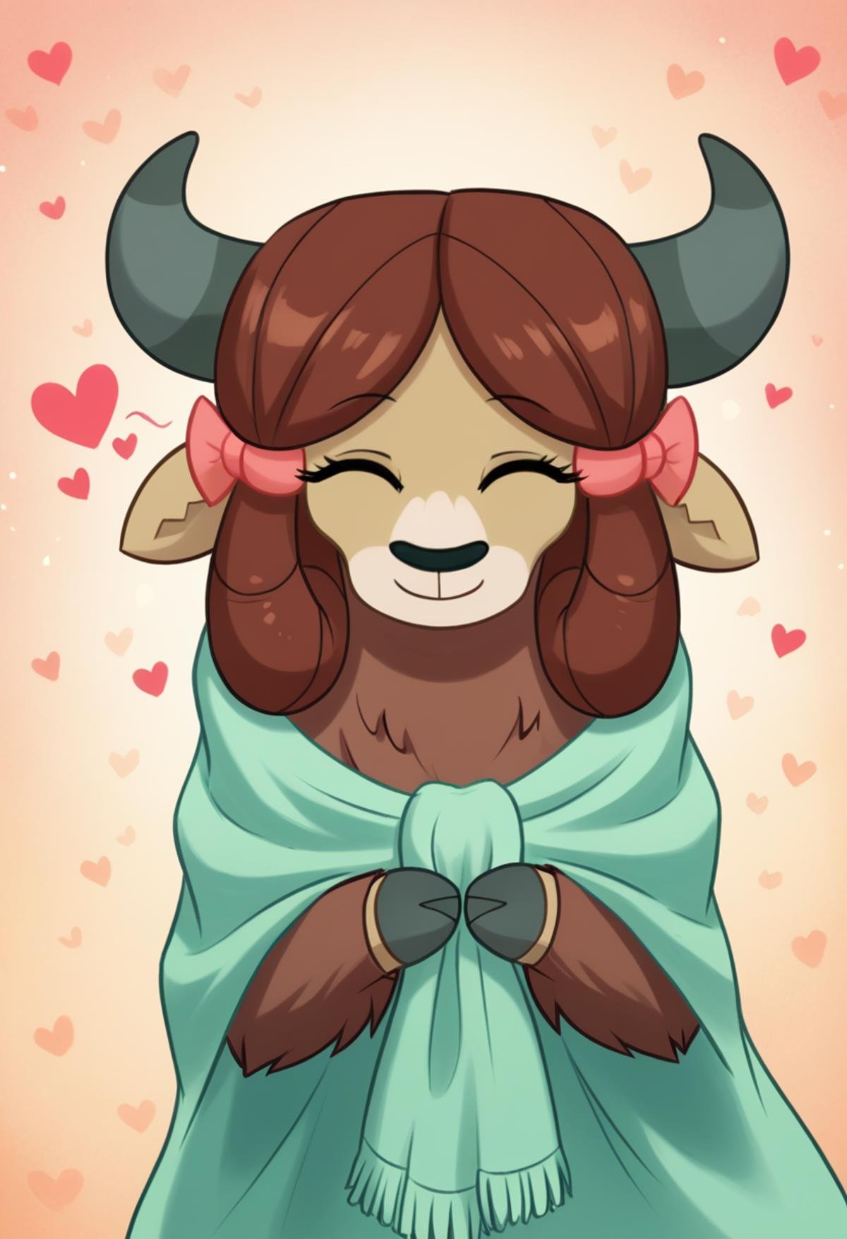 score_9, score_8_up, score_7_up, score_6_up, score_5_up, score_4_up, rating_safe, yona, female, solo, yak, blanket, bow, cloven hooves, cute, eyes closed, g4, hair bow, heart, wholesome, yonadorable, monkey swings, tumblr:studentsix, detailed, beautiful, detailed background, <lora:Wholesome_MLP-v1.7:1>