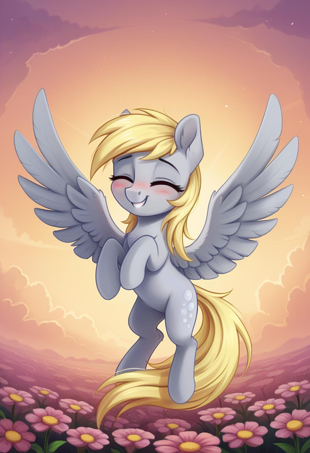 score_9, score_8_up, score_7_up, score_6_up, score_5_up, score_4_up, rating_safe, derpy hooves, female, mare, pegasus, pony, solo, blushing, cute, daaaaaaaaaaaw, eyes closed, flower, g4, high res, sunset, wings, derpabetes, sweet dreams fuel, weapons-grade cute, smiling, spread wings, wholesome, detailed, beautiful, detailed background, <lora:Wholesome_MLP-v1.7:1>