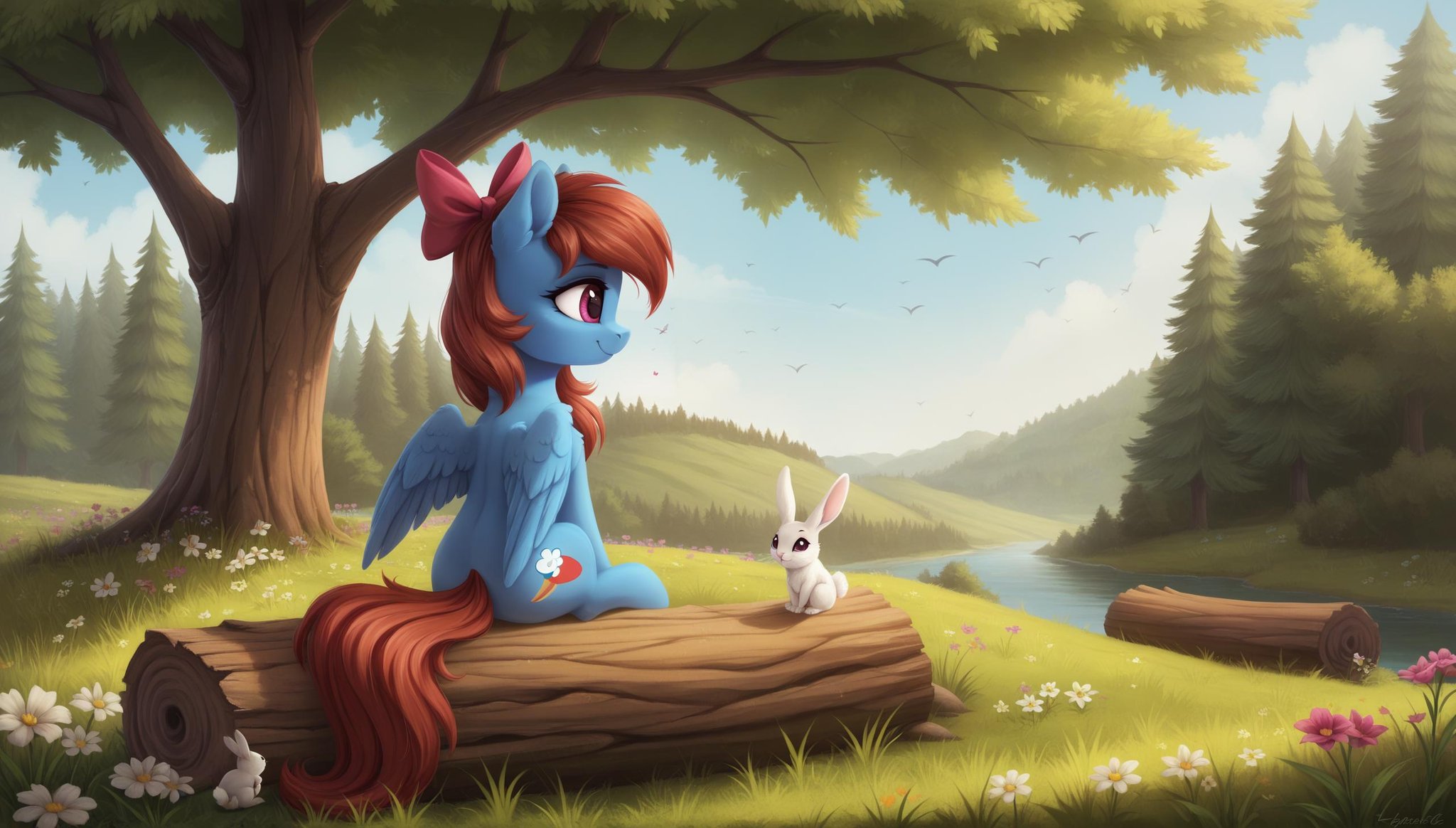 score_9, score_8_up, score_7_up, score_6_up, score_5_up, score_4_up, rating_safe, bird, female, mare, pegasus, pony, rabbit, solo, squirrel, animal, bow, flower, grass, hair bow, high res, log, looking back, nature, oc, pretty, ribbon, scenery, sitting, tail, tree, rear view, oc only, smiling, flower in tail, facing away, detailed, beautiful, detailed background, <lora:Wholesome_MLP-v1.7:1>