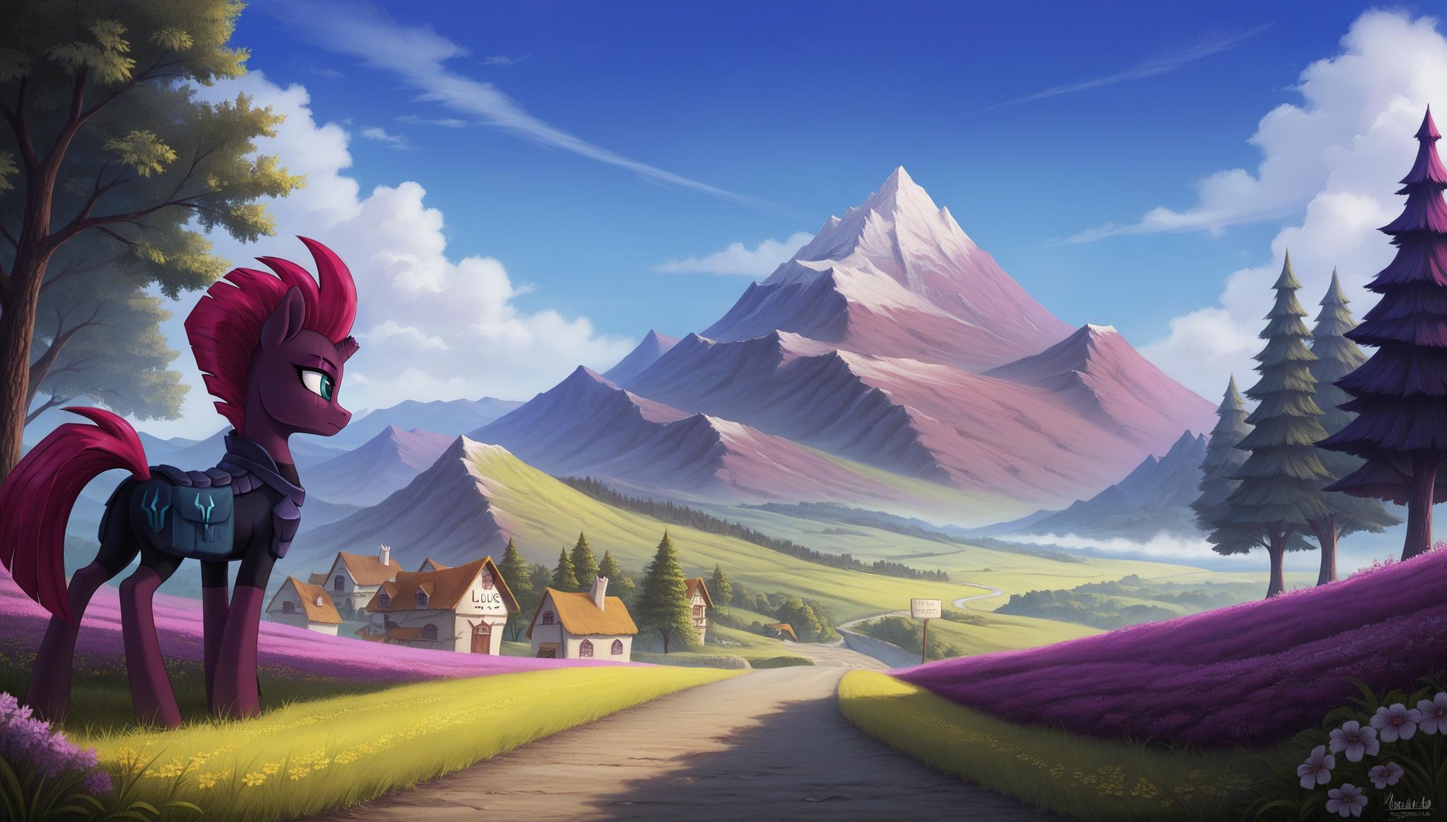 score_9, score_8_up, score_7_up, score_6_up, score_5_up, score_4_up, rating_safe, tempest shadow, female, mare, pony, solo, unicorn, bag, broken horn, cloud, digital art, field, flower, forest, g4, horn, houses, mountain, mountain range, outdoors, painting, path, plant, saddle bag, scenery, sign, sky, standing, tree, village, scenery porn, tree branch, looking away, blue sky, detailed background, tempest's village, scenery focus, detailed, beautiful, detailed background, <lora:Wholesome_MLP-v1.7:1>