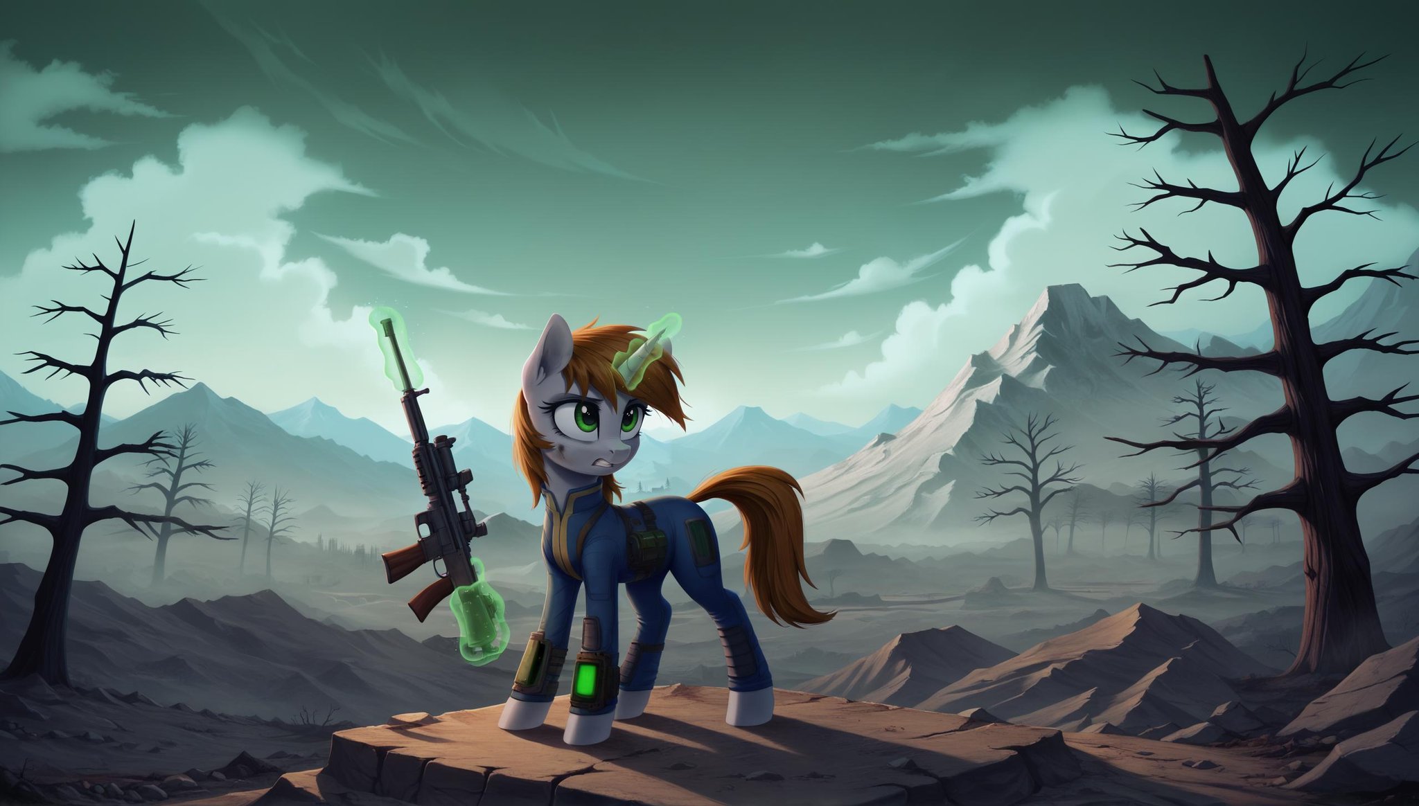 score_9, score_8_up, score_7_up, score_6_up, score_5_up, score_4_up, rating_safe, female, mare, pony, solo, unicorn, clothes, fallout equestria, fanfic, fanfic art, glowing horn, gun, high res, hooves, horn, jumpsuit, levitation, magic, mountain, mountain range, oc, pipbuck, rifle, scenery, teeth, telekinesis, tree, wasteland, weapon, vault suit, oc only, oc:littlepip, dead tree, optical sight, detailed, beautiful, detailed background, <lora:Wholesome_MLP-v1.7:1>