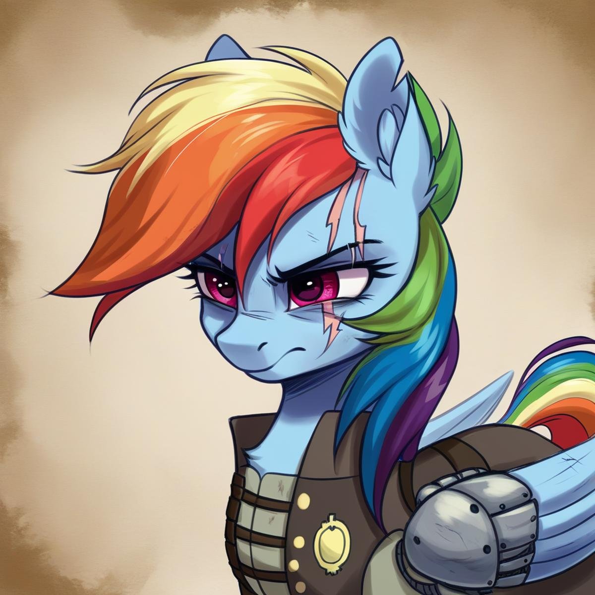 score_9, score_8_up, score_7_up, score_6_up, score_5_up, score_4_up, rating_safe, rainbow dash, female, mare, pegasus, pony, solo, alternate timeline, amputee, artificial wings, augmented, badass, bust, g4, high res, injured, portrait, prosthetics, scar, war, warrior, wings, ear fluff, prosthetic limb, torn ear, apocalypse dash, crystal war timeline, prosthetic wing, eye scar, the cutie re-mark, <lora:Wholesome_MLP-v1.7:1>