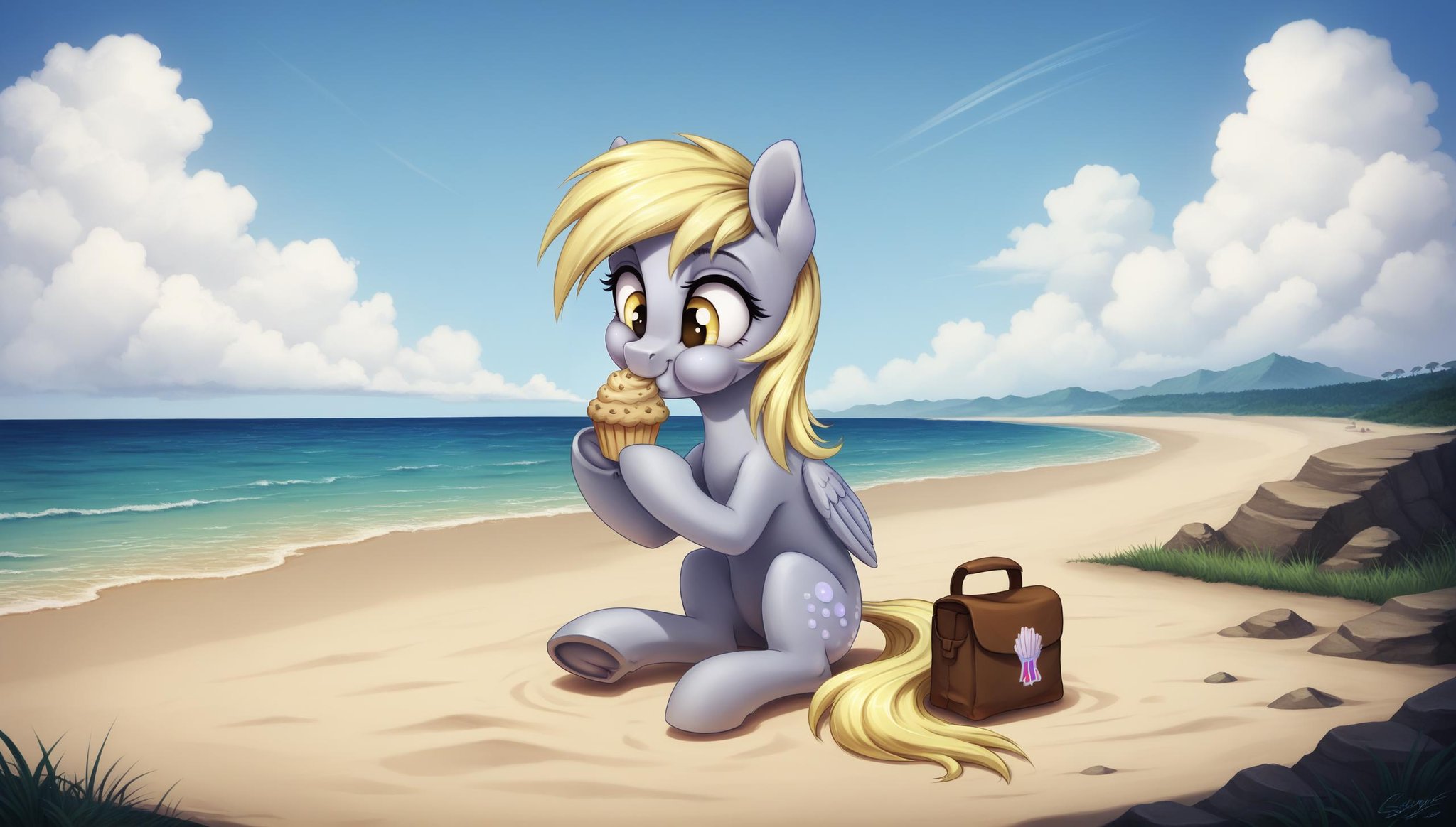 score_9, score_8_up, score_7_up, score_6_up, score_5_up, score_4_up, rating_safe, derpy hooves, female, mare, pegasus, pony, solo, beach, cloud, eating, food, g4, grass, island, muffin, ocean, puffy cheeks, saddle bag, sand, scenery, shell, sitting, wallpaper, :t, underhoof, parcel, smiling, hoof hold, that pony sure does love muffins, detailed, beautiful, detailed background, <lora:Wholesome_MLP-v1.7:1>