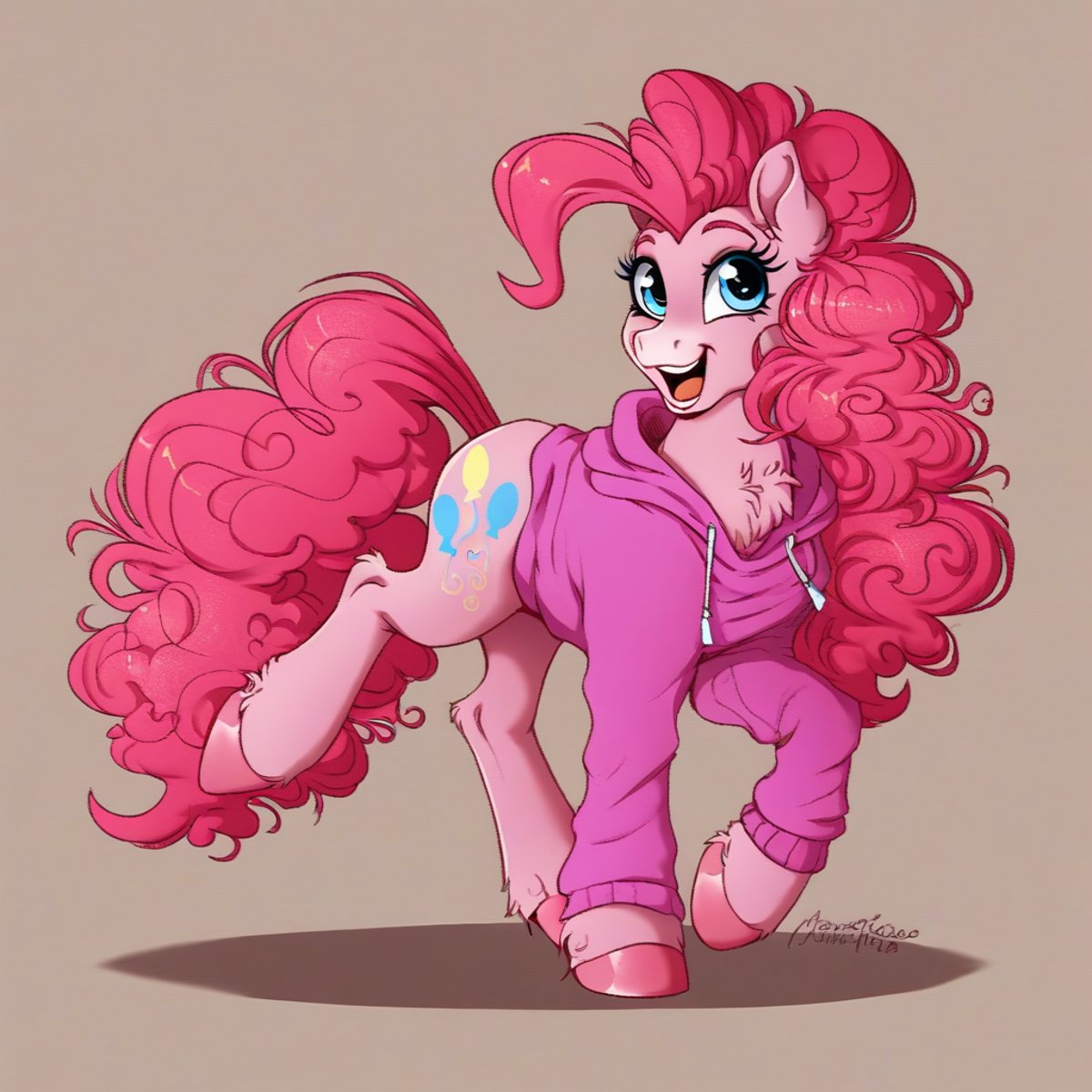 score_9, score_8_up, score_7_up, score_6_up, score_5_up, score_4_up, pinkie pie, horse, mare, wild manes, wild manesified, solo, chest fluff, clothes, coffee, coffee mug, cup, cute, fluffy, hoodie, open mouth, prehensile mane, walking, raised leg, diapinkes, smiling, pinkie found the coffee, detailed, beautiful, <lora:Wild_Manes-000009:1>