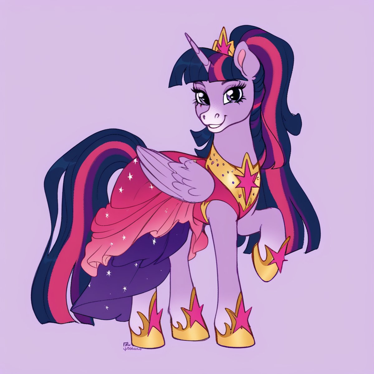 score_9, score_8_up, score_7_up, score_6_up, score_5_up, score_4_up, twilight sparkle, horse, mare, wild manes, wild manesified, solo, clothes, cute, dress, ponytail, twiabetes, lidded eyes, hoof shoes, smiling, twilight sparkle \(alicorn\), the last problem, second coronation dress, detailed, beautiful, <lora:Wild_Manes-000009:1>