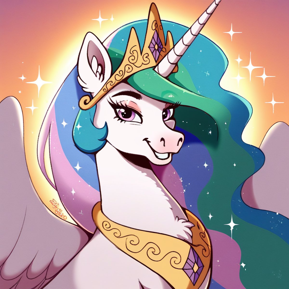 score_9, score_8_up, score_7_up, score_6_up, score_5_up, score_4_up, princess celestia, horse, mare, wild manes, wild manesified, solo, beautiful, bust, canterlot, chest fluff, crown, cute, cutelestia, feather, fluffy, grin, jewelry, looking at you, necklace, sparkles, tree, wings, regalia, ear fluff, lidded eyes, peytral, example, smiling, detailed, beautiful, <lora:Wild_Manes-000009:1>