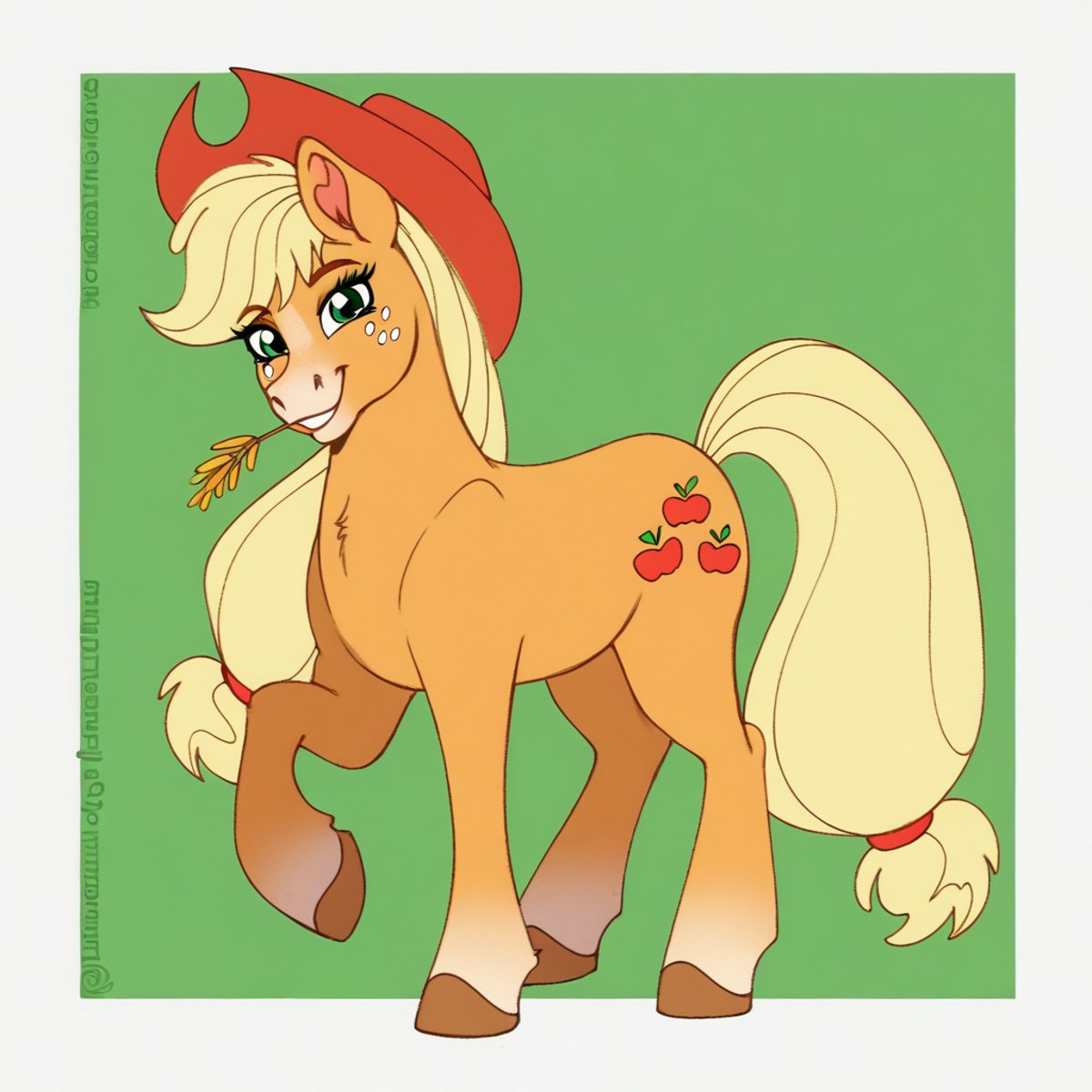 score_9, score_8_up, score_7_up, score_6_up, score_5_up, score_4_up, applejack, horse, mare, wild manes, wild manesified, solo, applejack's hat, cowboy hat, freckles, hat, high res, looking at you, wheat, smiling, we can do it!, straw in mouth, detailed, beautiful, <lora:Wild_Manes-000009:1>