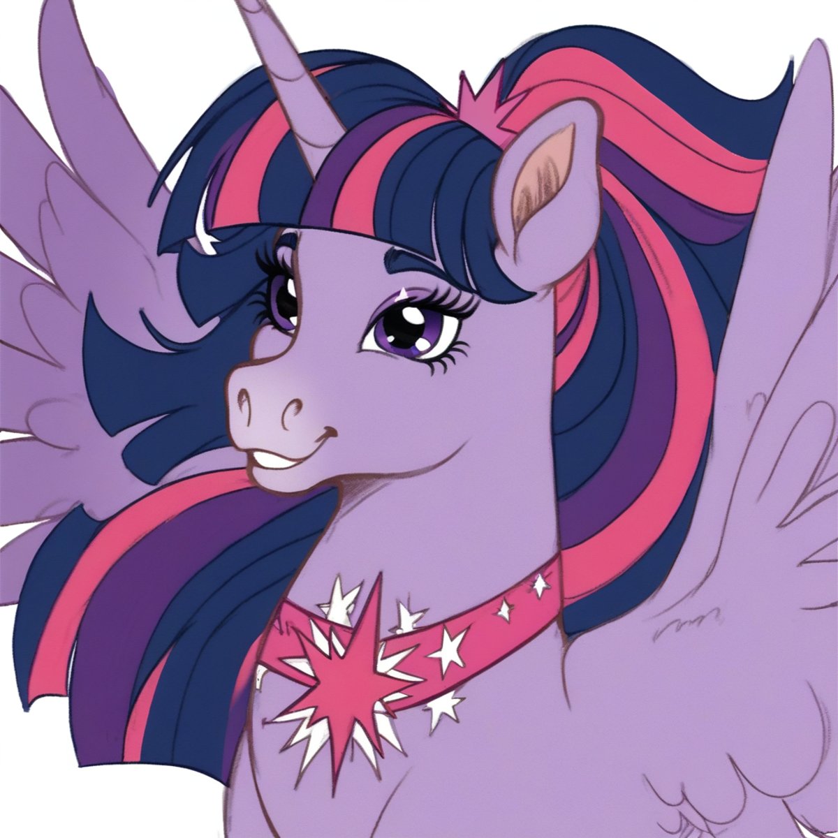 score_9, score_8_up, score_7_up, score_6_up, score_5_up, score_4_up, twilight sparkle, horse, mare, wild manes, wild manesified, solo, alternate hairstyle, bust, ponytail, wings, leaning, spread wings, old art, twilight sparkle \(alicorn\), detailed, beautiful, <lora:Wild_Manes-000009:1>